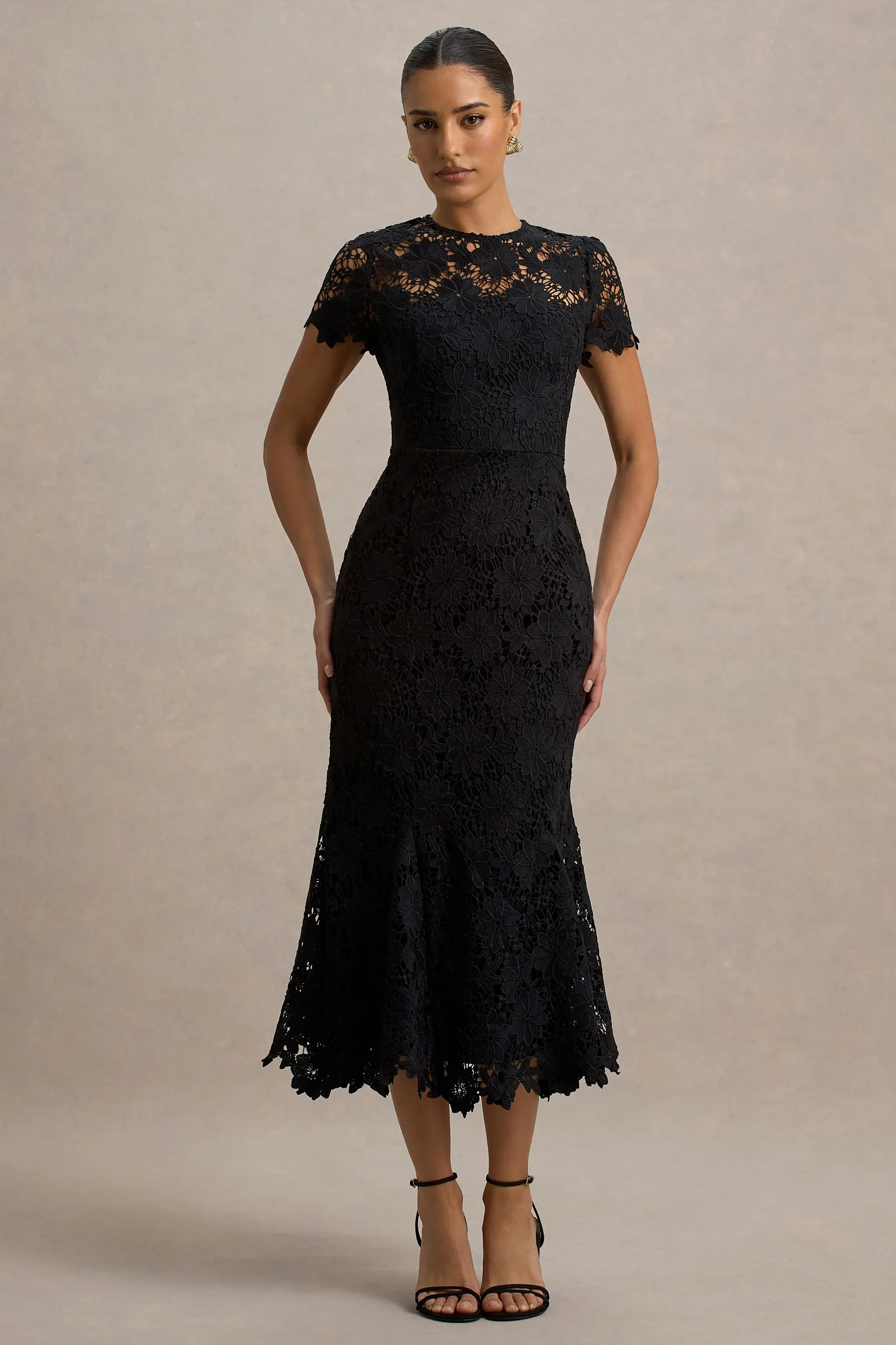 Clarissa | Black Lace Short-Sleeve Pleated Midi Dress