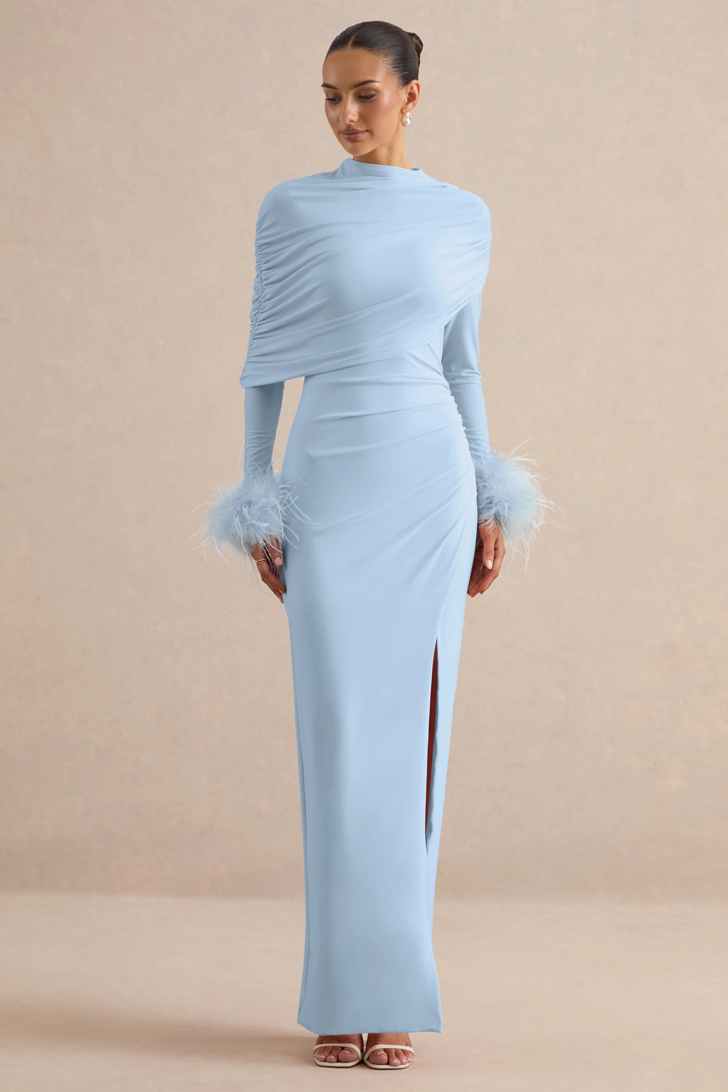 Gatsby | Light Blue High-Neck Maxi Dress With Feather Trim Cuffs