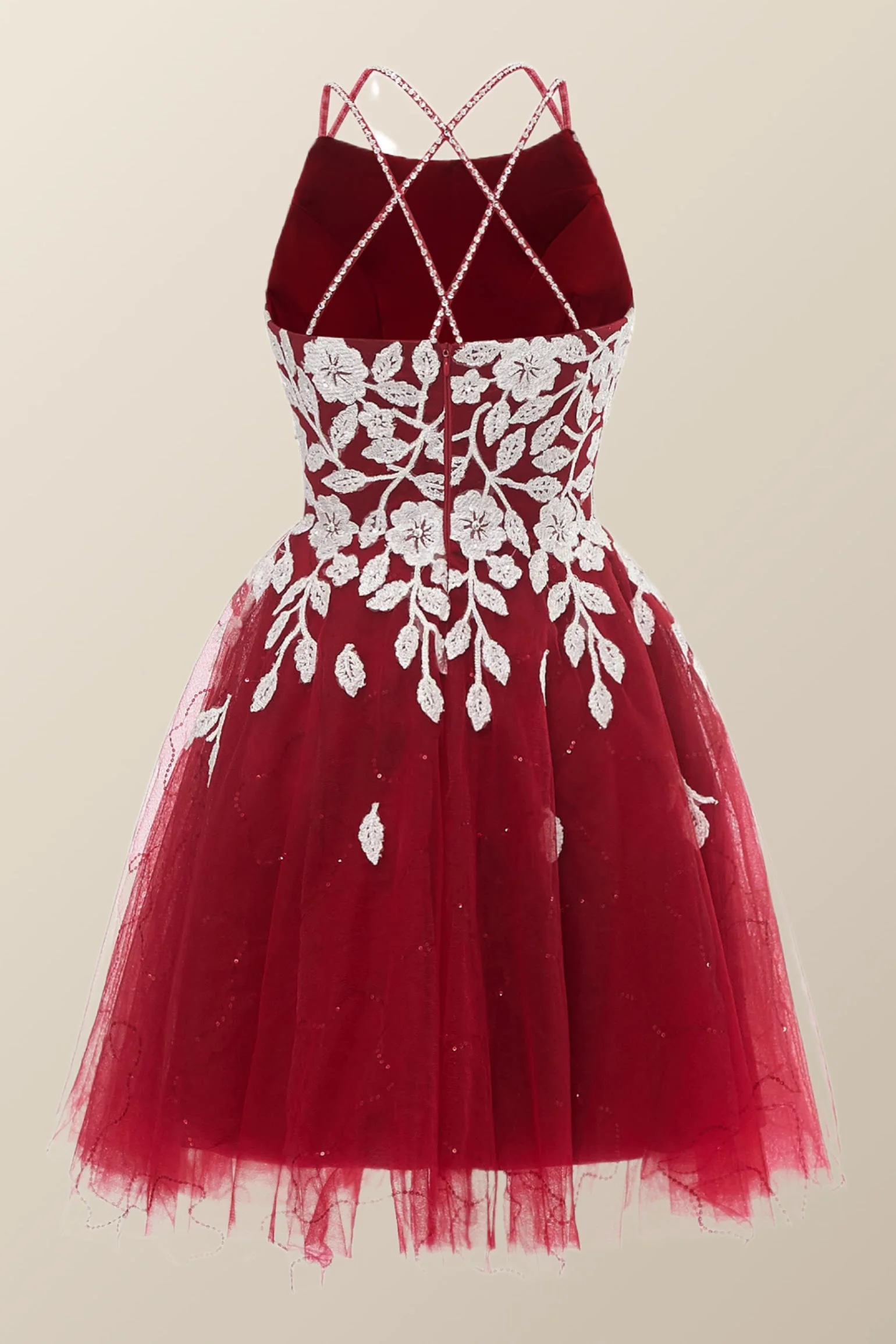 Wine Red Tulle and White Appliques A-line Dress
