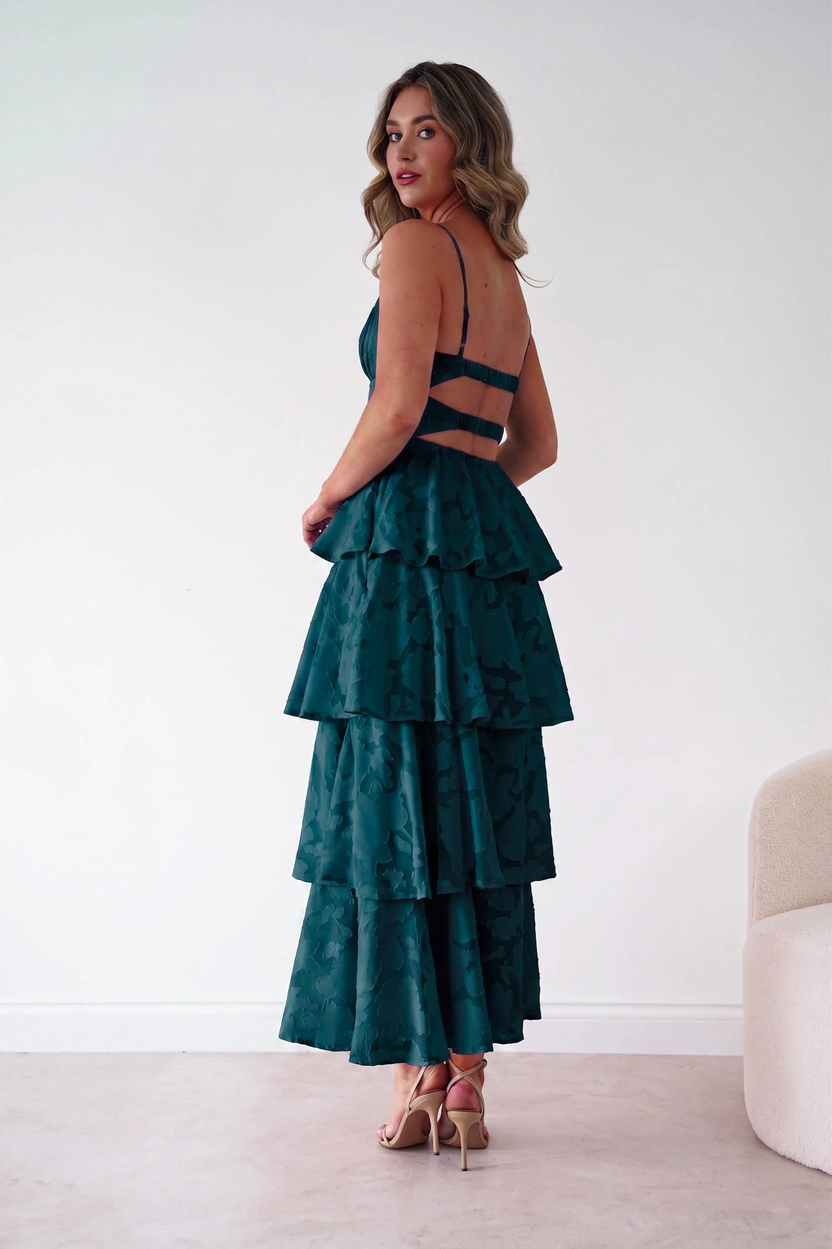 Patsy Floral Jacquard Tiered Maxi Dress | Green
