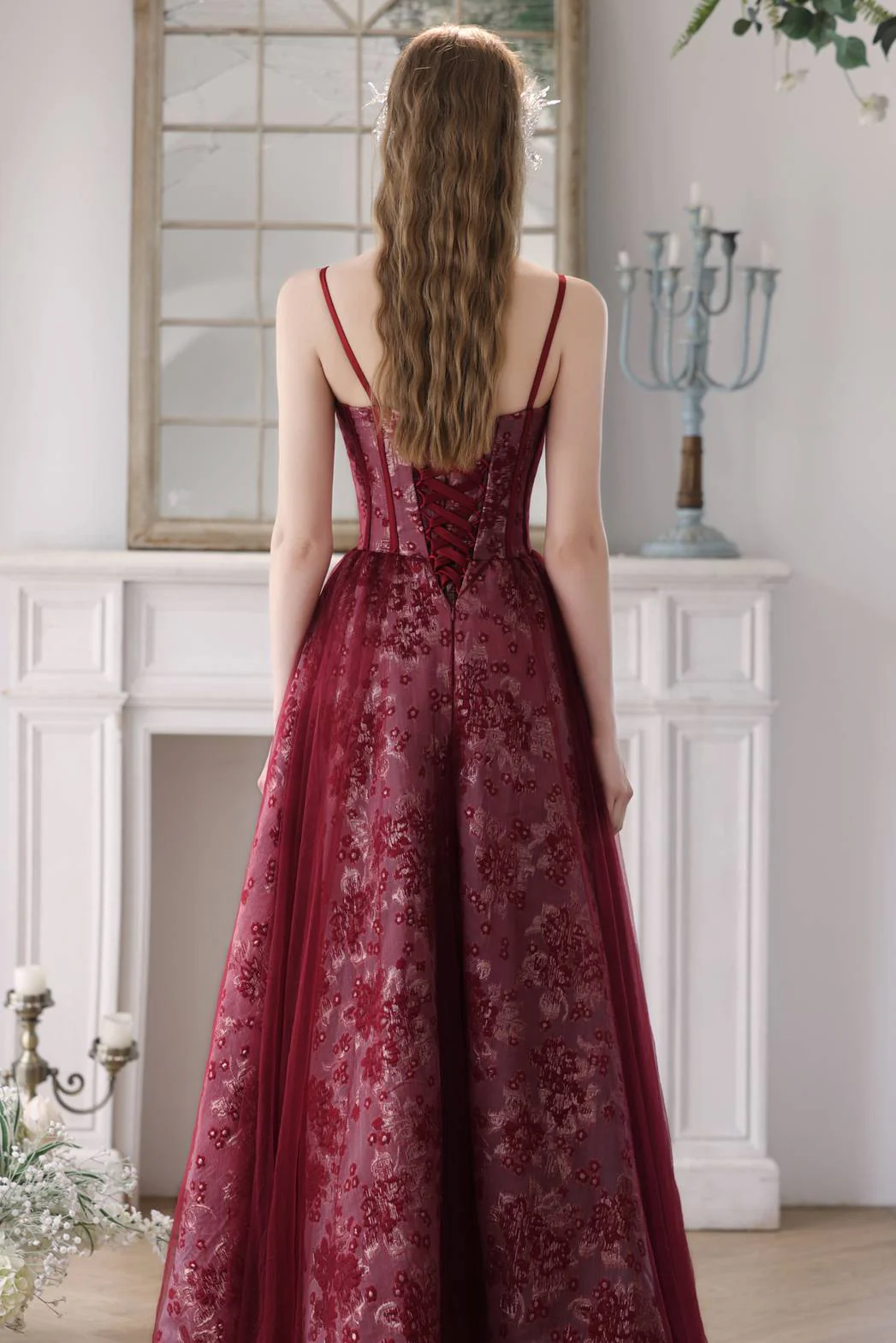 Straps Burgundy Floral A-line Long Formal Dress