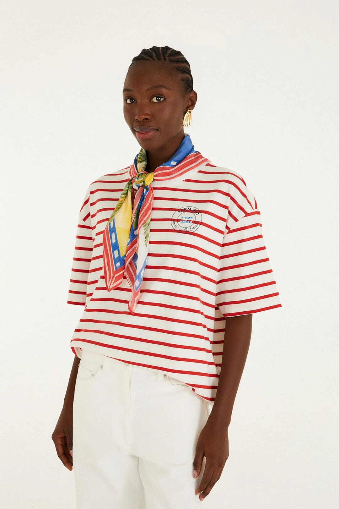 Red Summer In The Tropics Stripes T-Shirt & Scarf