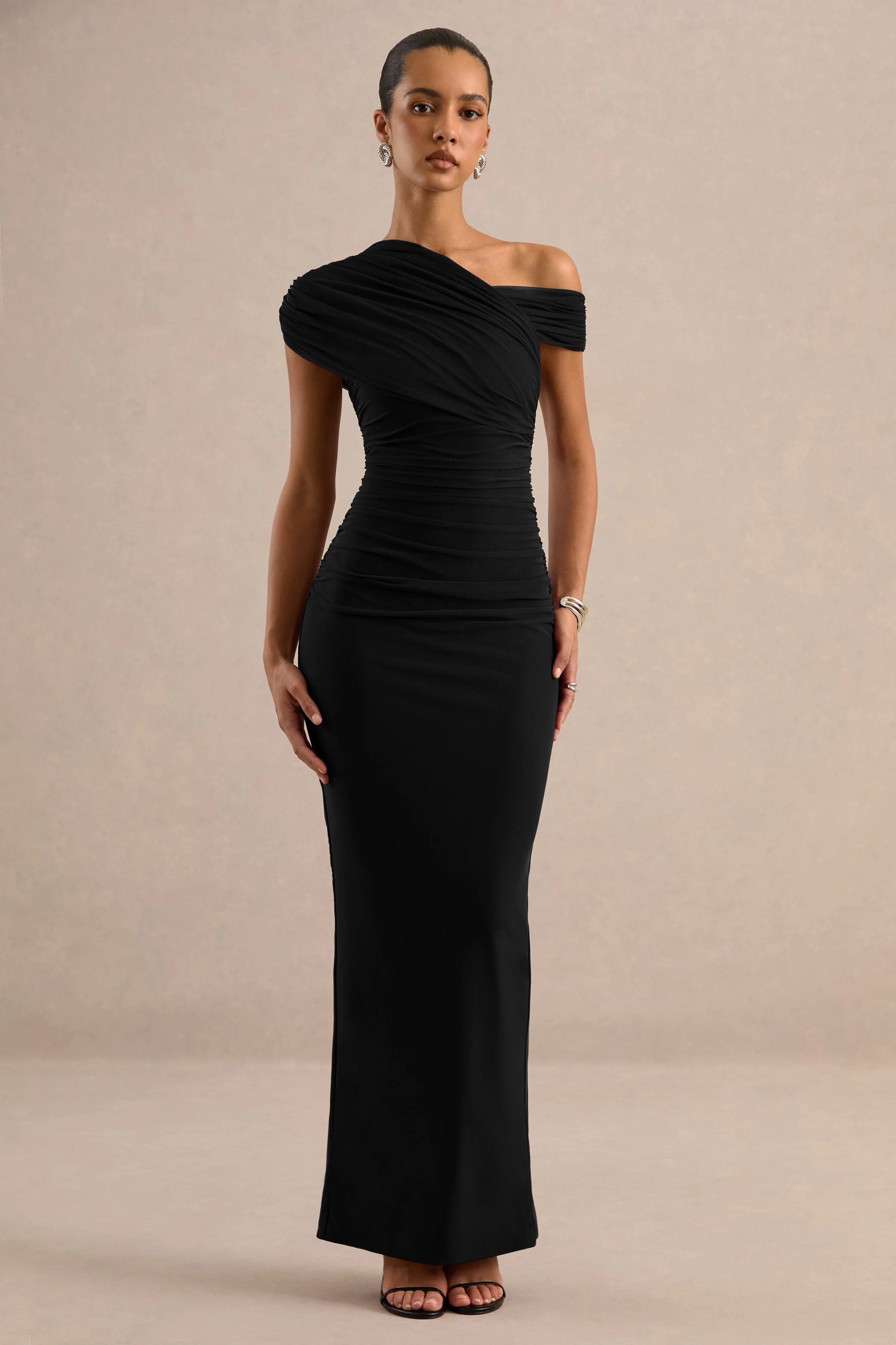 Crescentia | Black Jersey One Shoulder Short Sleeve Maxi Dress With Ruching