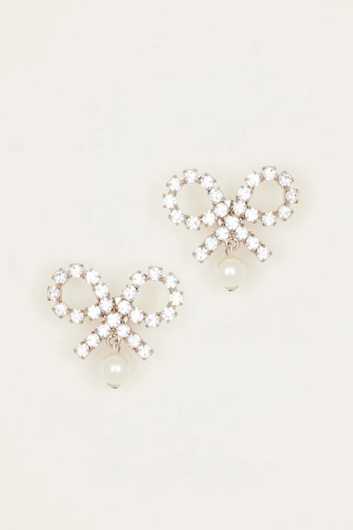 Rhinestone bow earrings with pearl drop - SILVER
