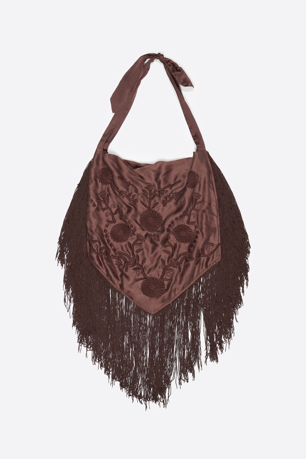 Brown embroidered fringed shoulder bag
