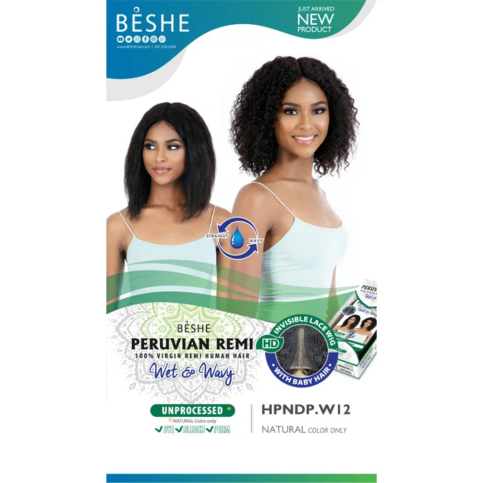 Beshe Peruvian Remi 100% Virgin Remy Human Hair Wet & Wavy HD Lace Wig - HPNDP.W 12