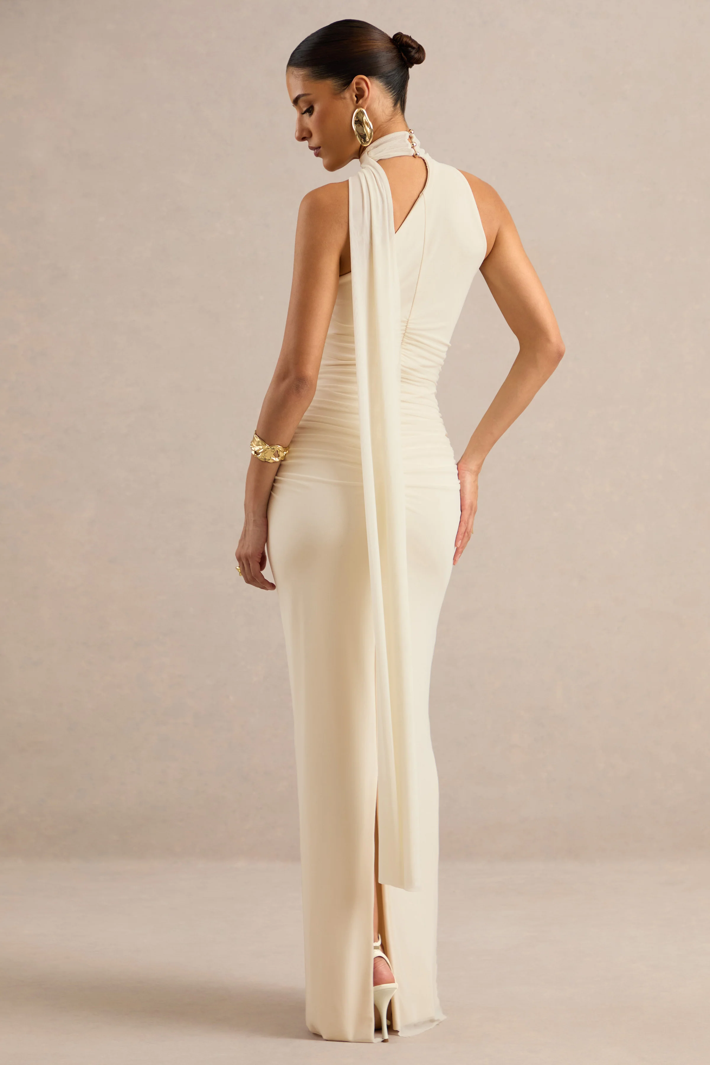 Gelsey | Cream Mesh High Neck Ruched Maxi Dress With Scarf Detail