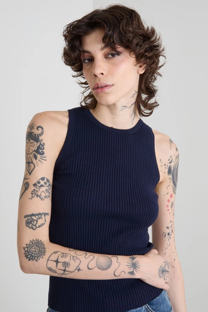 Ribbed crew neck tank top - NIGHT BLUE