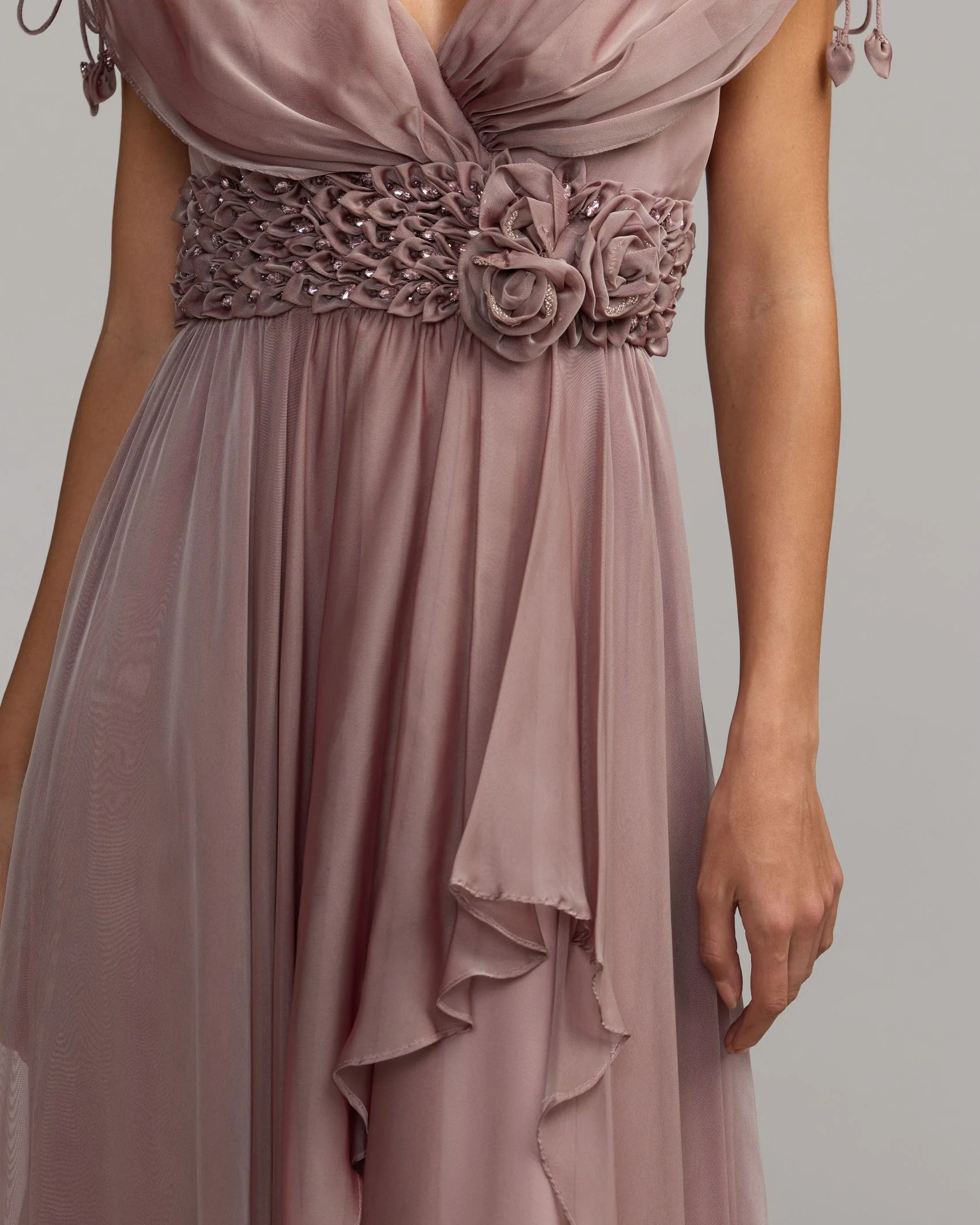 Purple Crystal Floral Waist Chiffon Gown