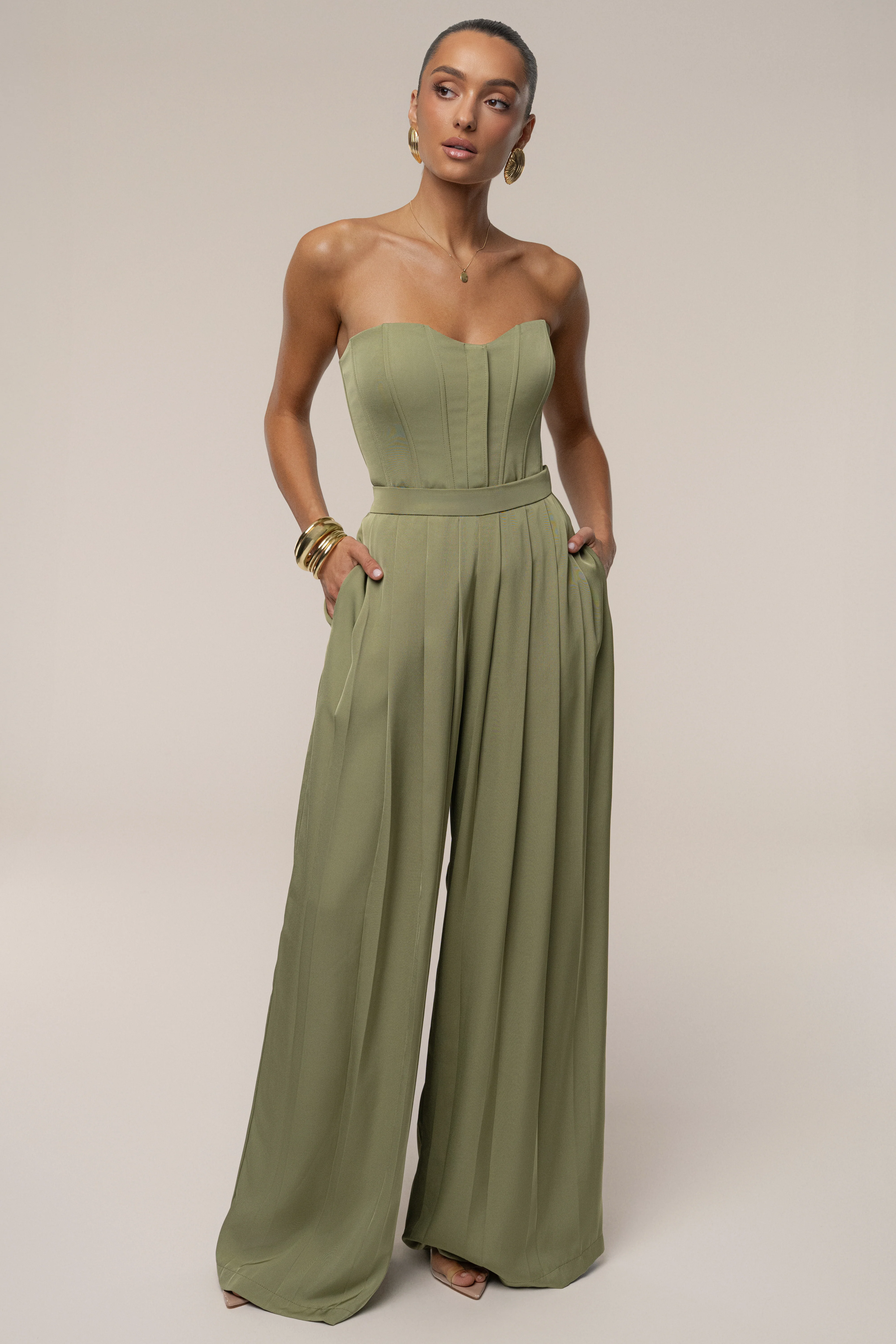 Olive Clara Wide Leg Pleated Trousers