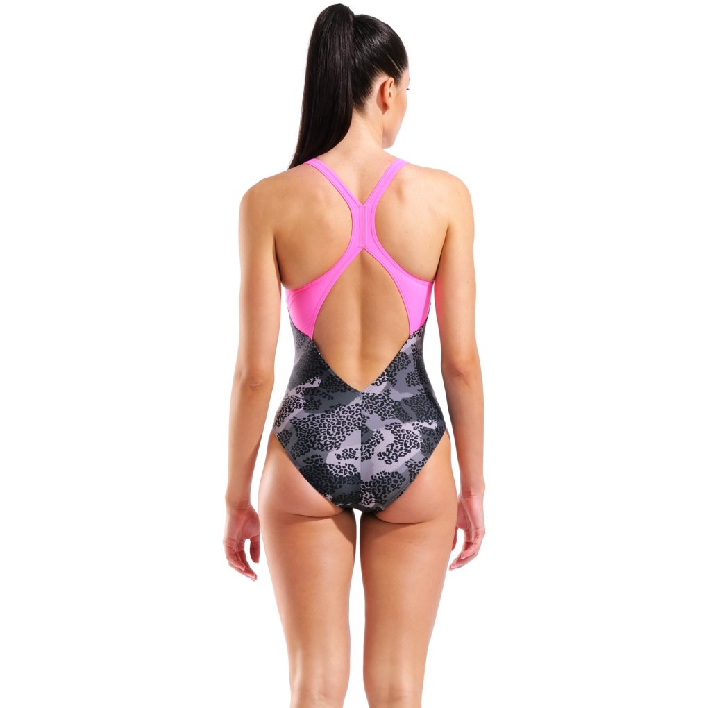 arena Feel Camo V Back Swimsuit Women - Black Multi/Shocking Pink