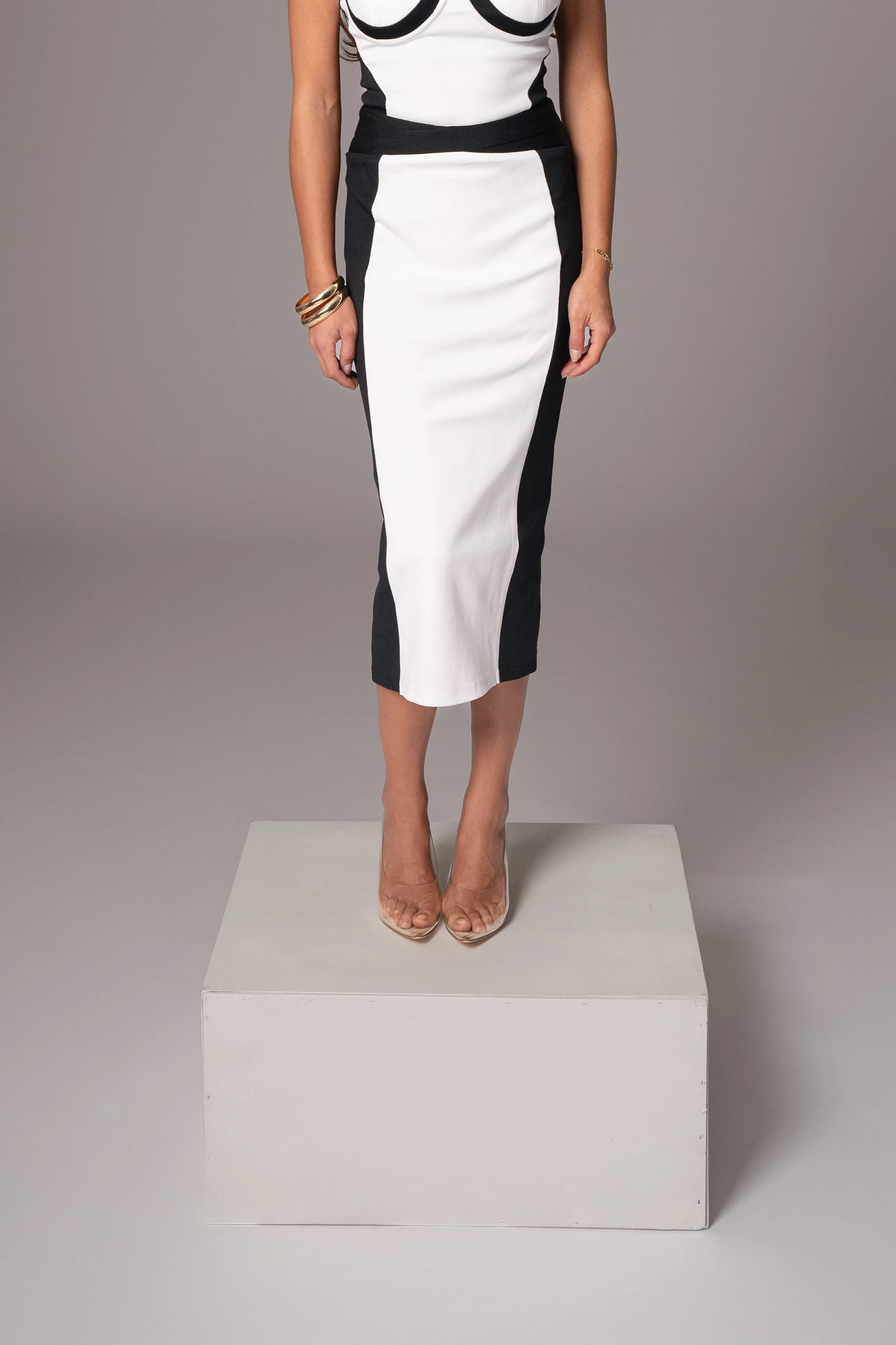 Black/White Celebration Colorblock Midi Skirt