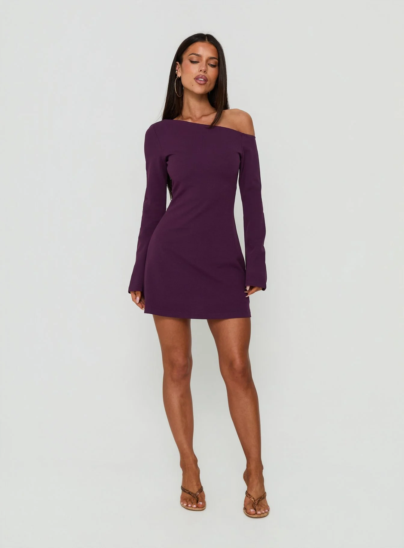 Adrietta Long Sleeve Off Shoulder Mini Dress Plum Noir