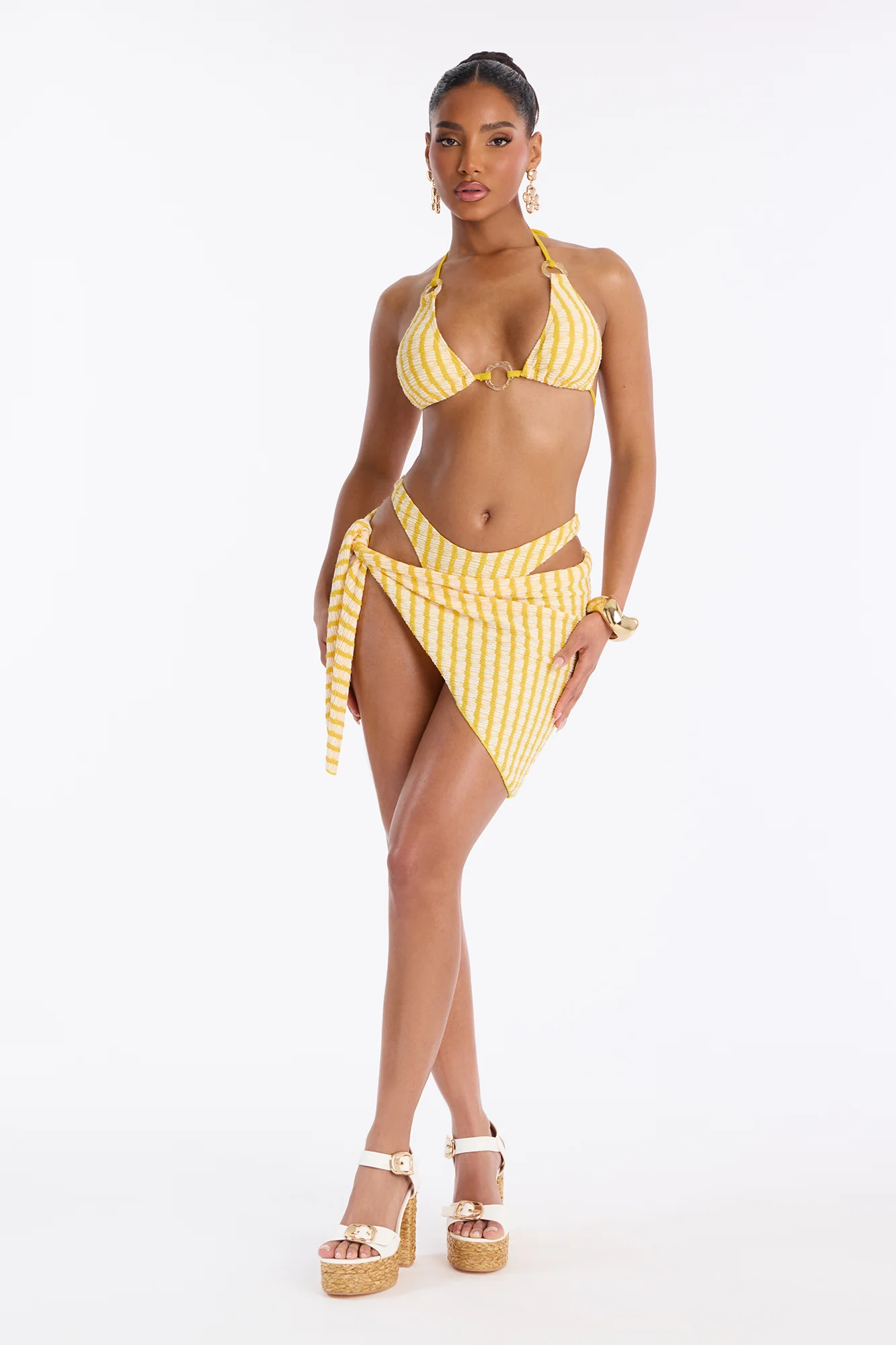 Ruby Textured Pinstripe O-Ring 3 Piece Bikini Sarong Set - Yellow/combo
