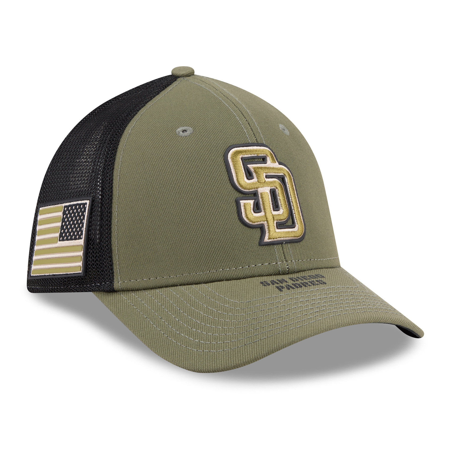 San Diego Padres 2026 MLB Armed Forces 39THIRTY M-Crown Flex Cap Olive
