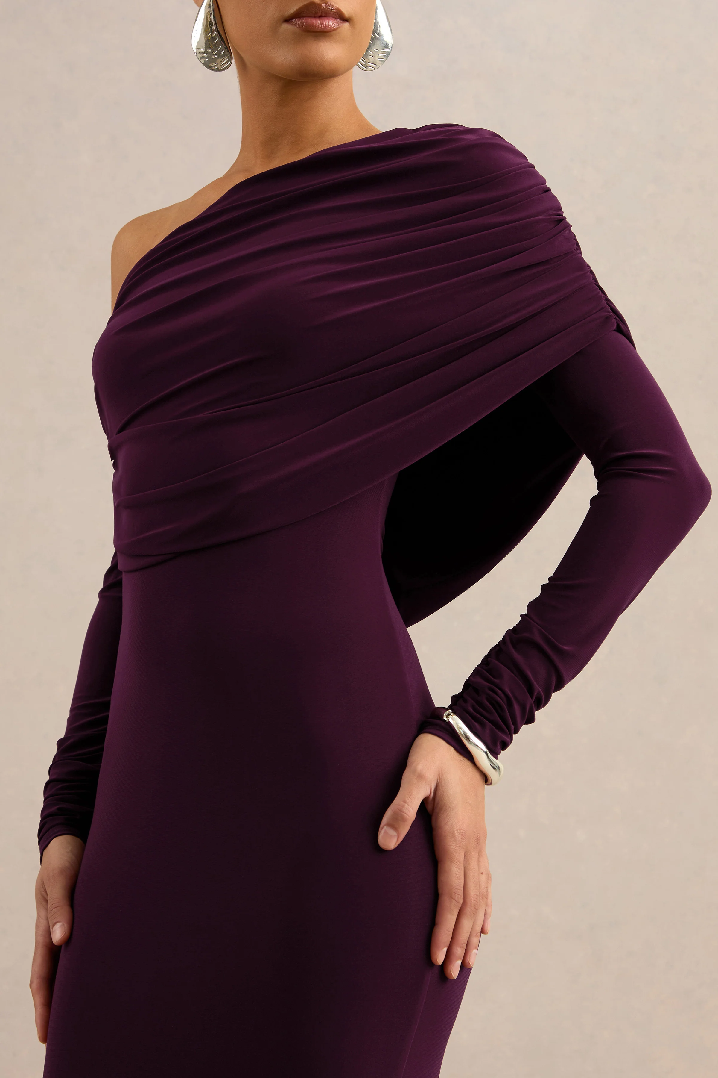 Cadia | Purple Jersey One Shoulder Long Sleeve Maxi Dress With Ruching