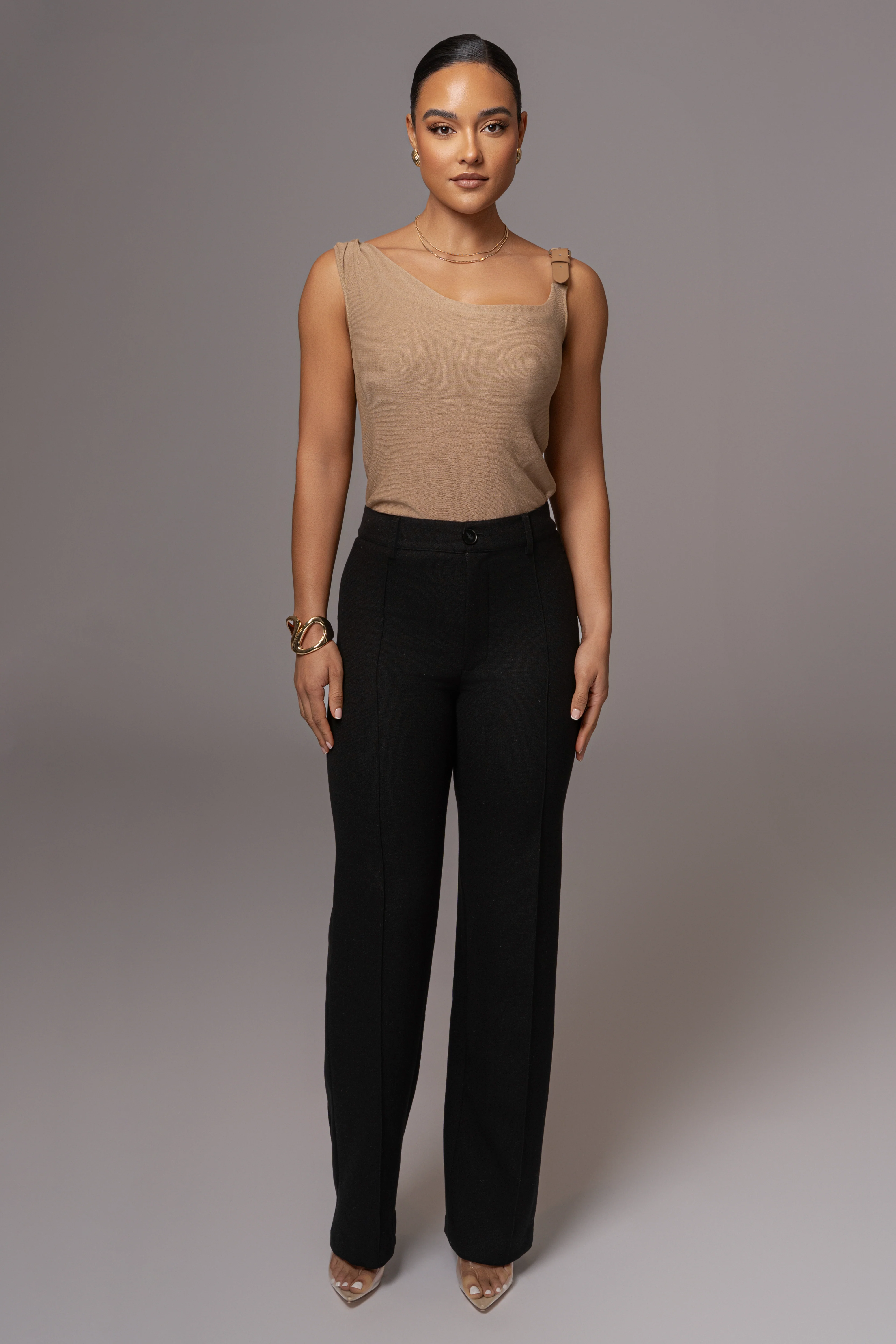 Beige Shanti Faux Buckle Top