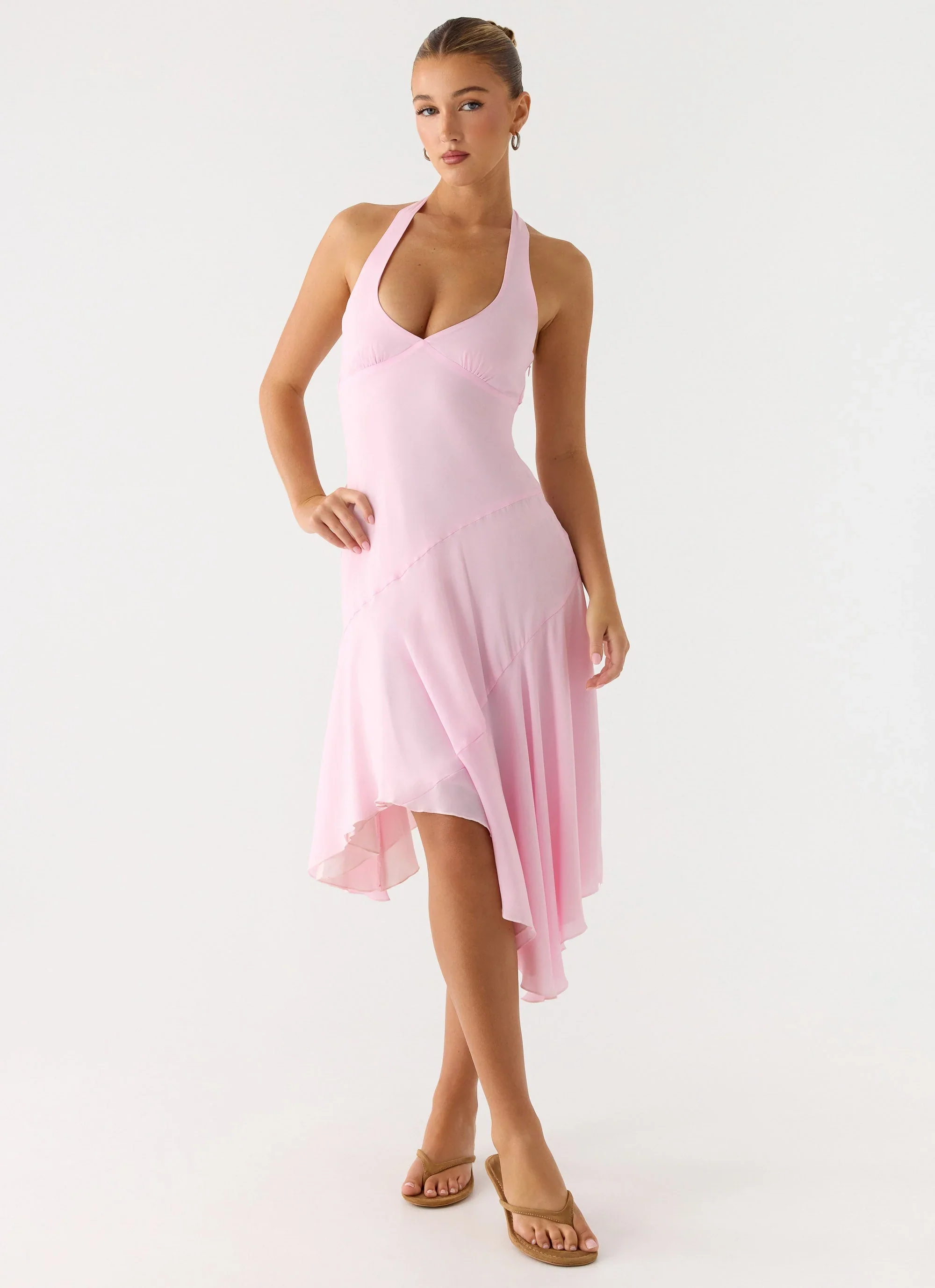 Faelie Halter Neck Asymmetrical Midi Dress - Pink