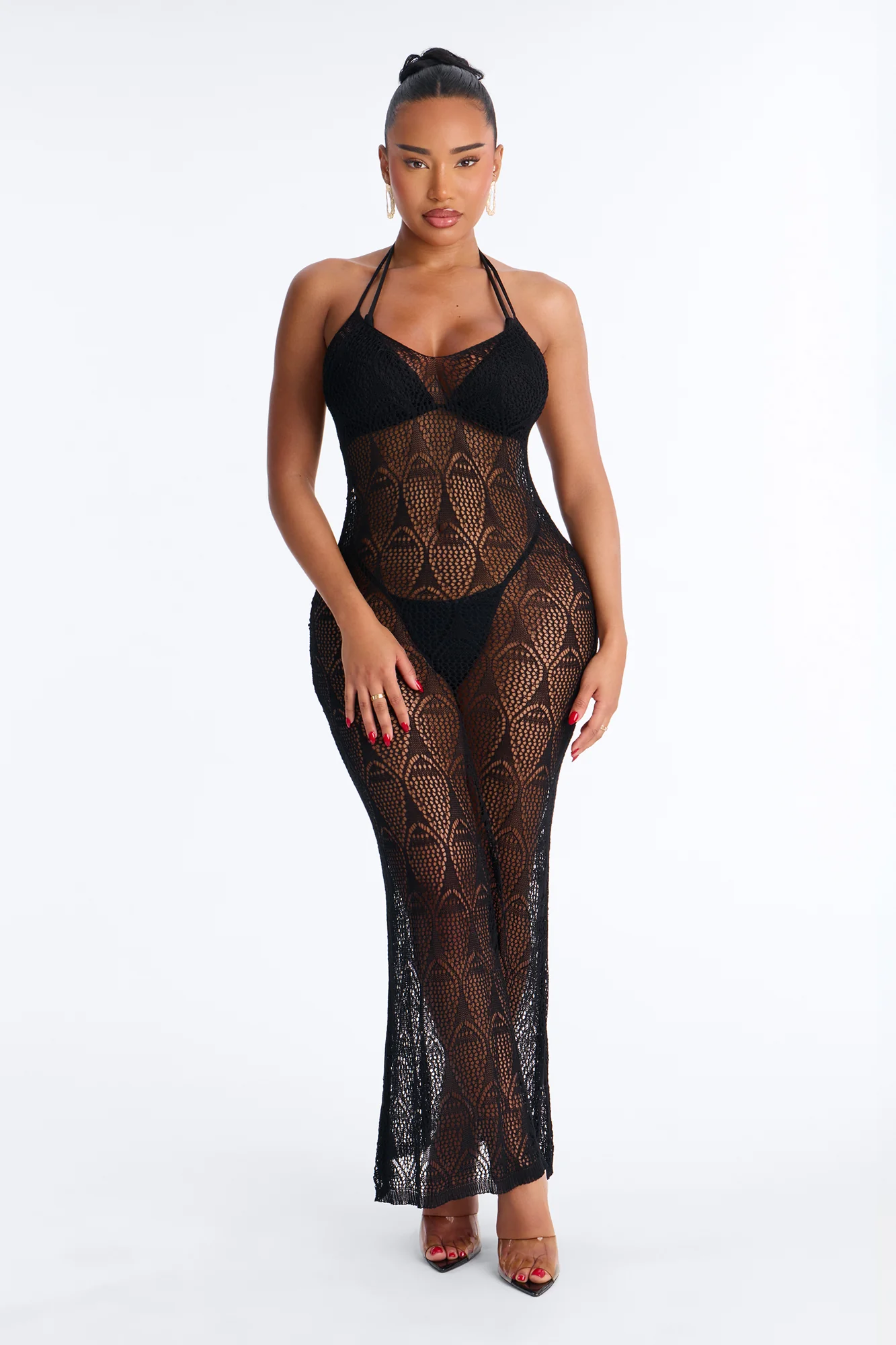 Jocelyn Crochet V-Neck Swim Cover Up Dress - Black