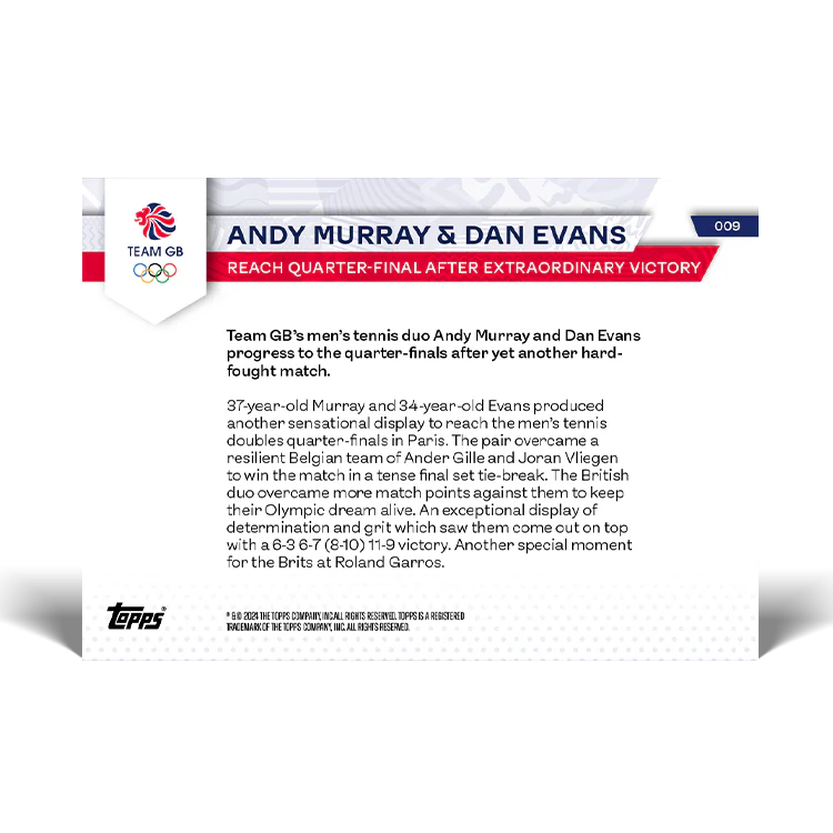 Andy Murray & Dan Evans - Reach quarter-final after extraordinary victory - 2024 Team GB TOPPS NOW® Card 9
