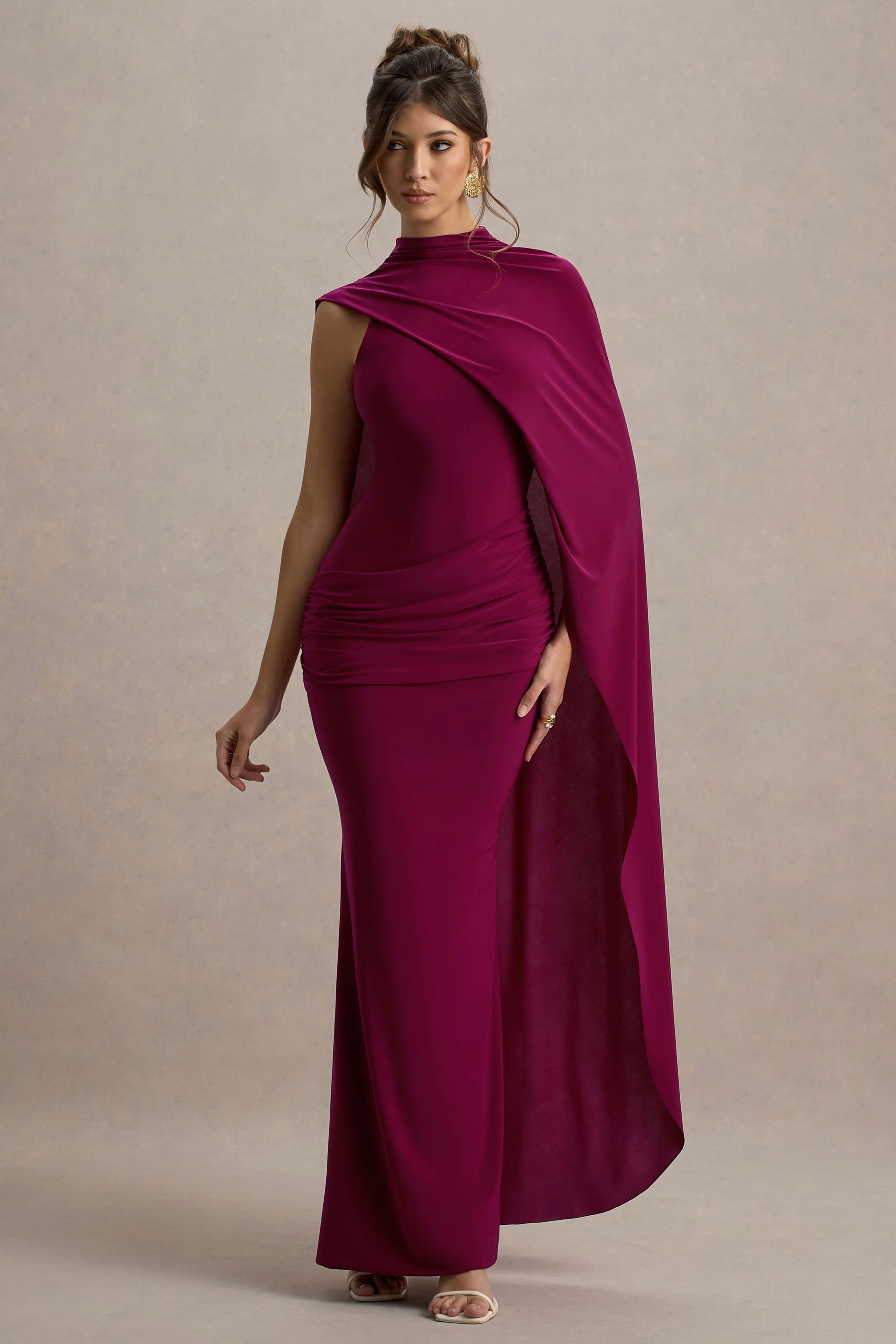 Maeve | Burgundy Cape-Sleeve Draped Maxi Dress