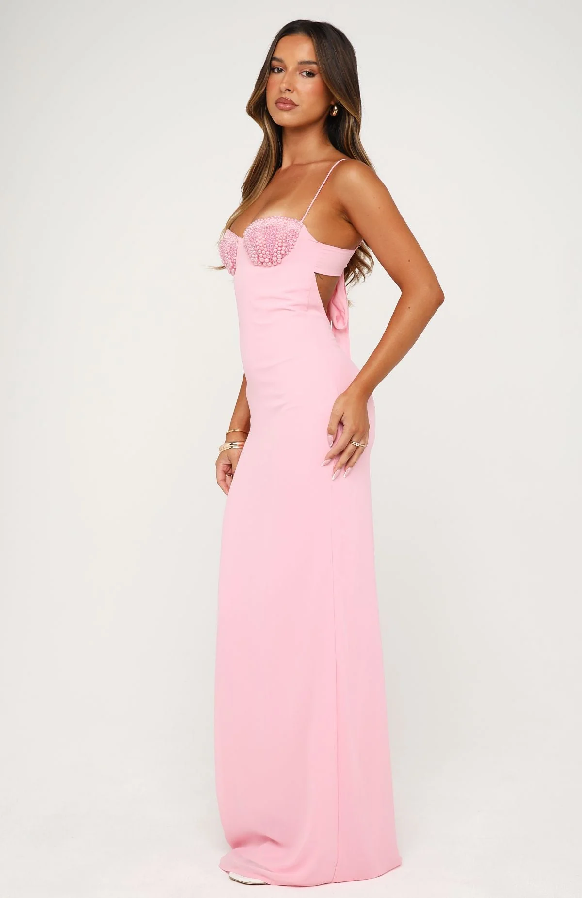 Motel Mermaid Beaded Maxi Dress Candy Pink
