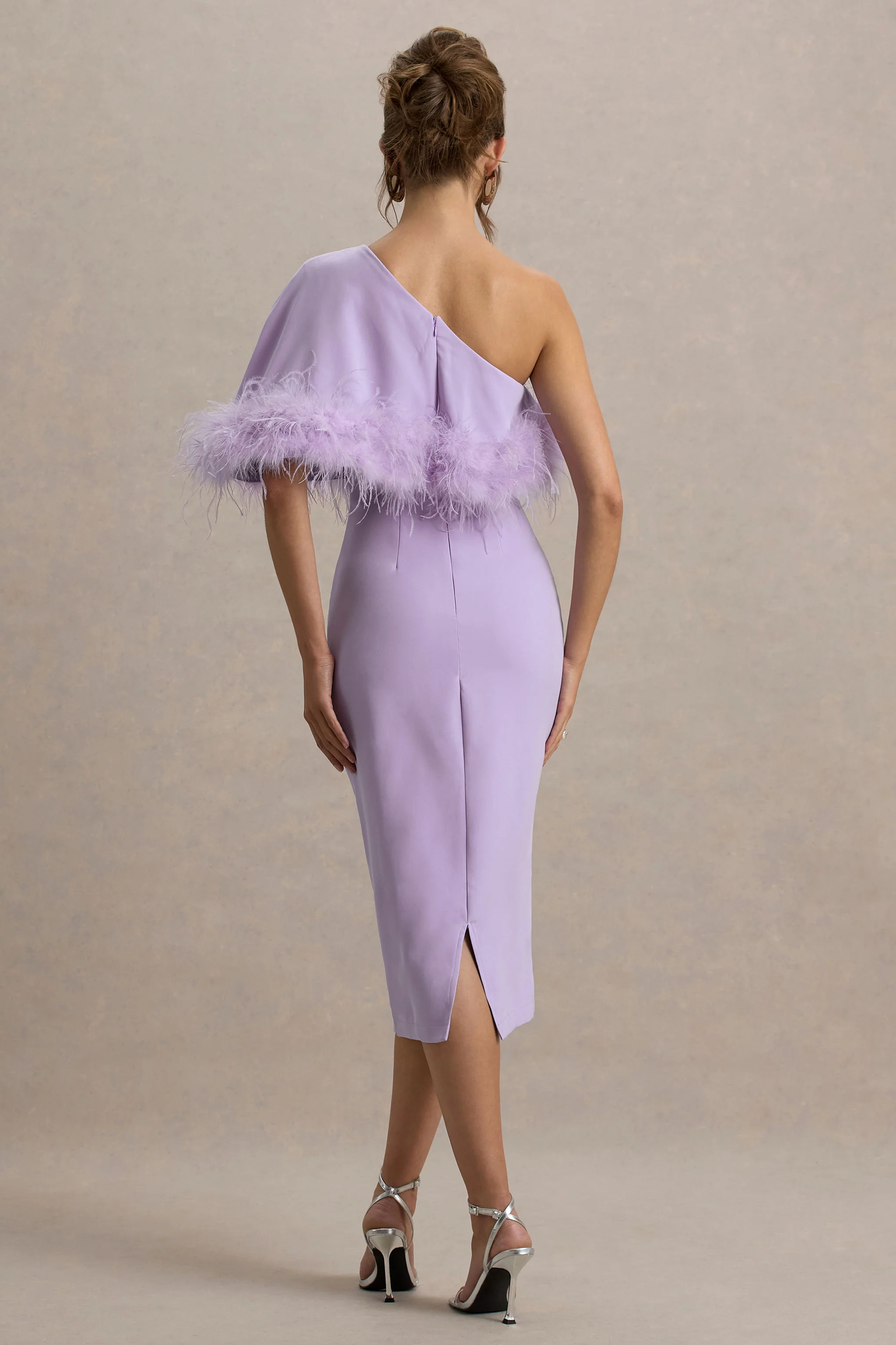 Victory | Lilac One Shoulder Midi Dress With Feather Trim