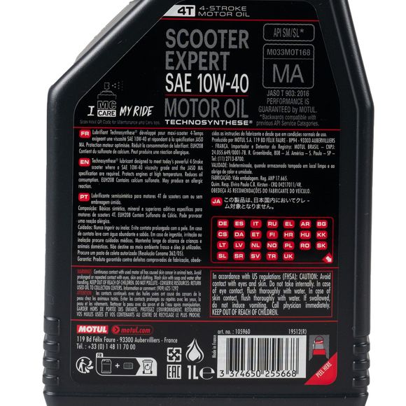 Motul SCOOTER EXPERT 4T 10W40 MA 1L Universal engine oilRef: MOT0147 / 105960