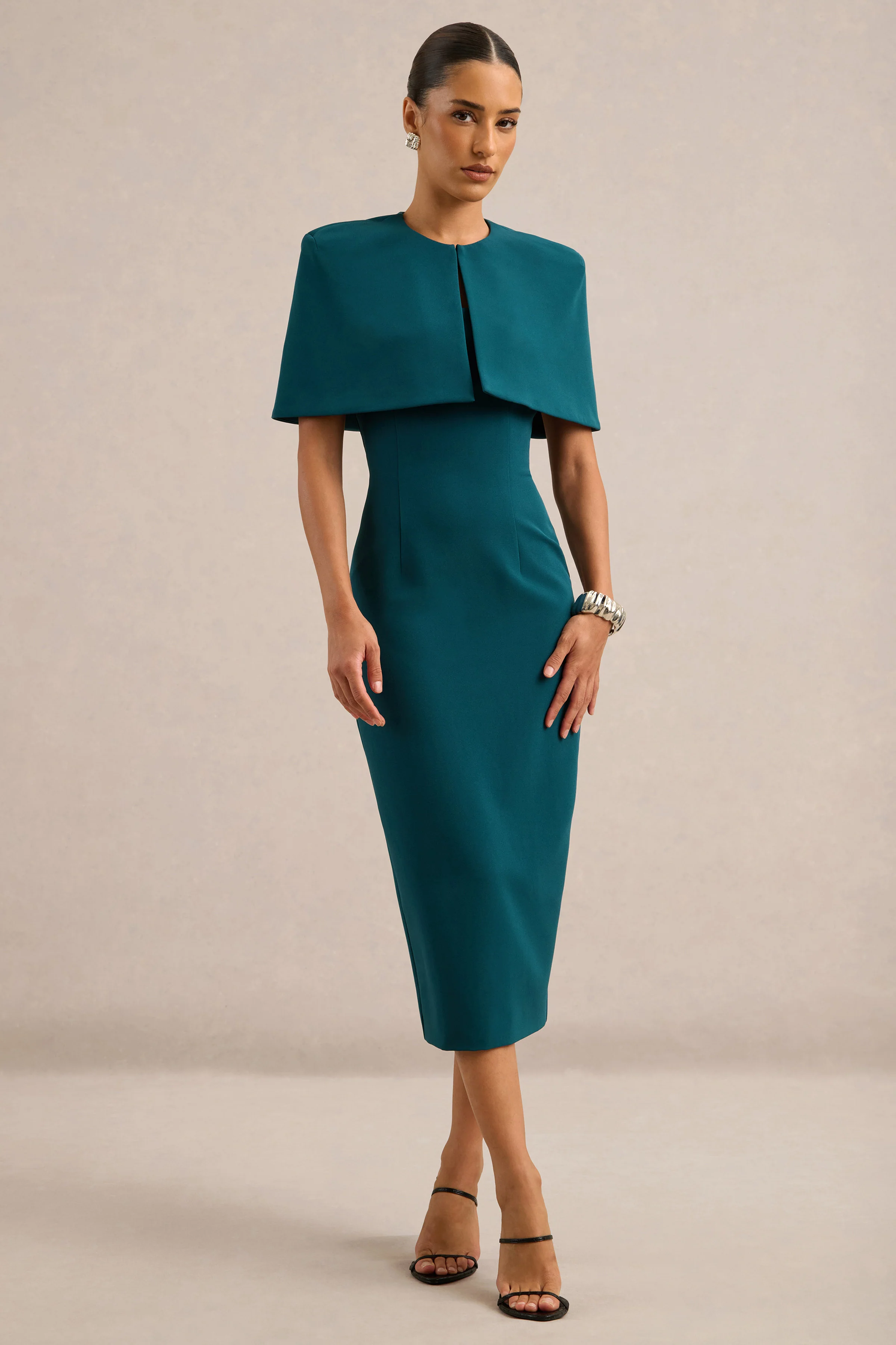 Celandia | Teal Round Neck Midi Dress With Detachable Cape And Back Split