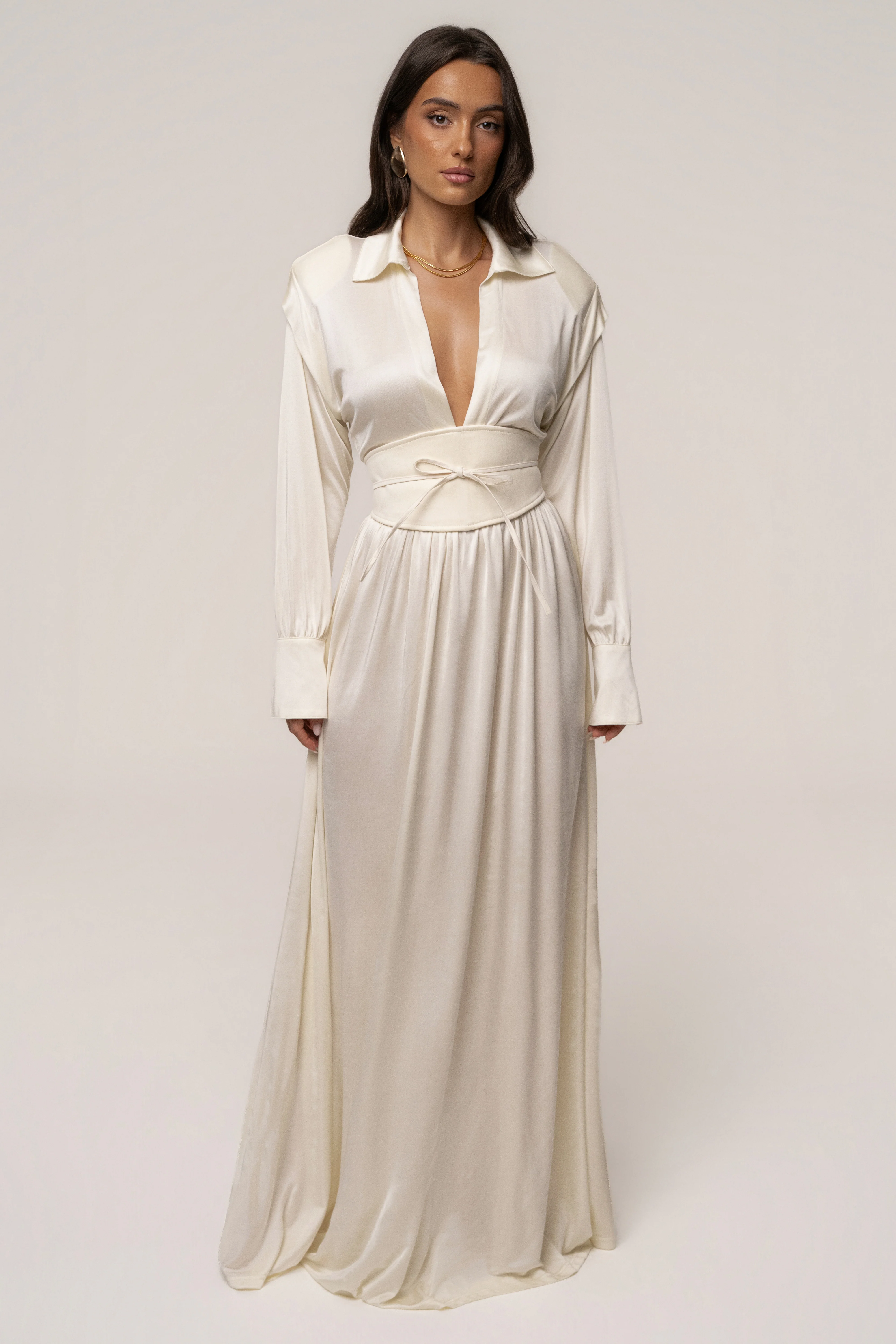 Cream High Line Collar Maxi Dress