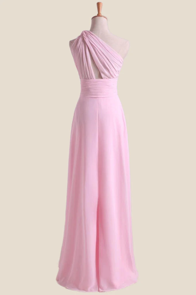 Pleated One Shoulder Pink Chiffon Long Bridesmaid Dress