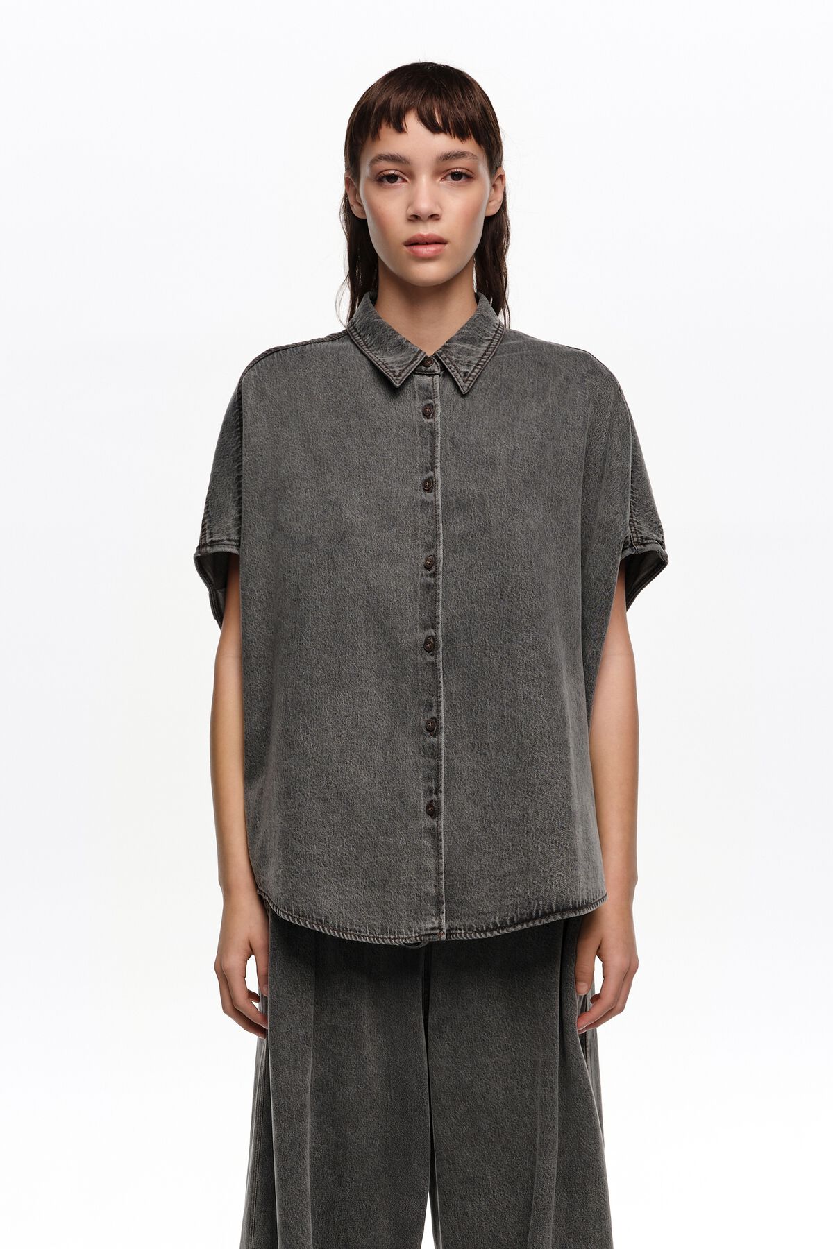 Black washed denim cape shirt