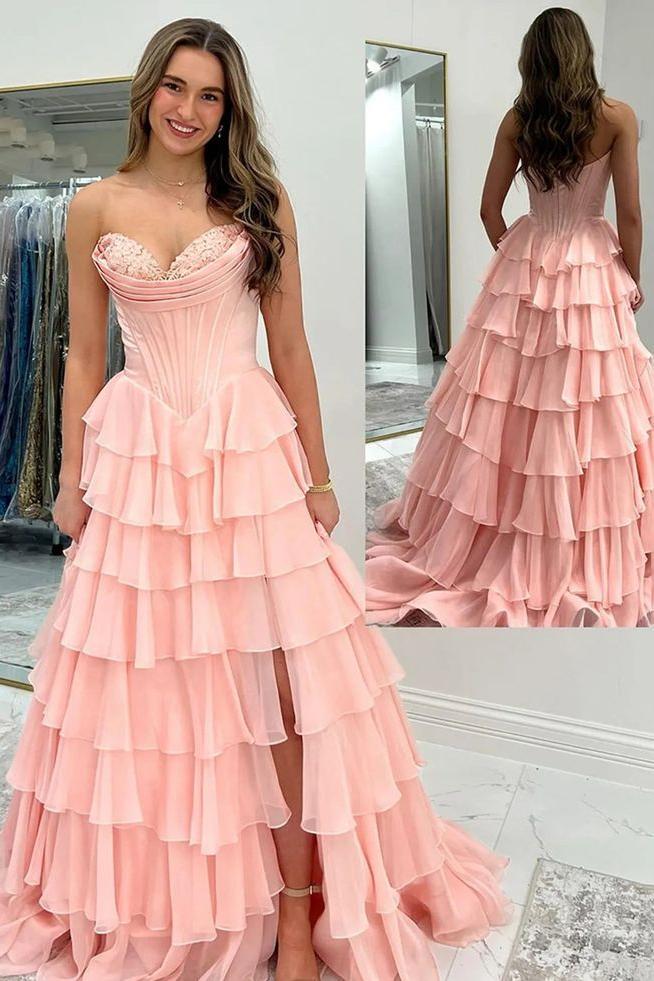 Strapless Yellow Tiered Chiffon Long Dress with Slit