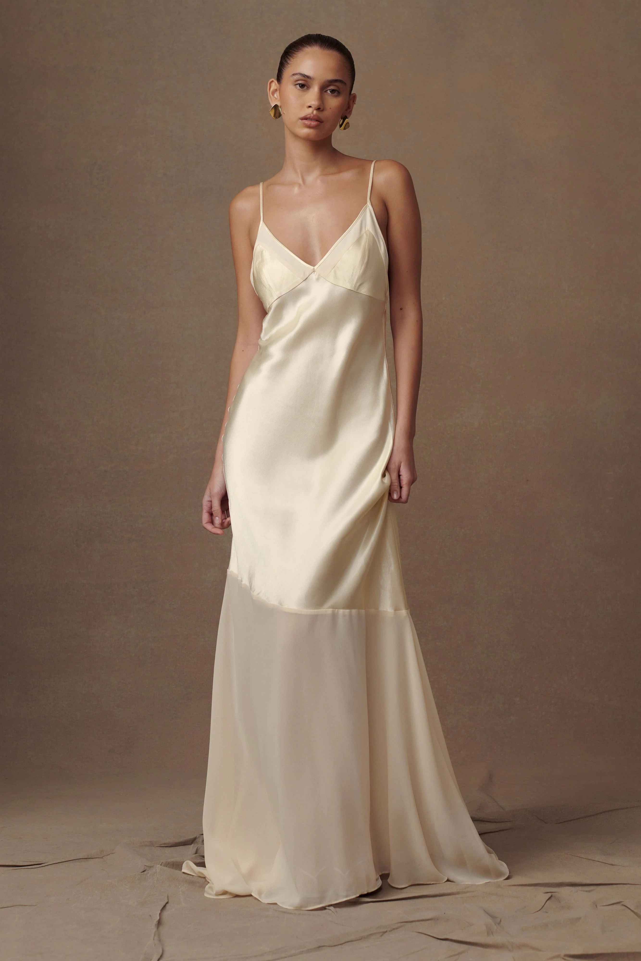 MESHKI Evelyn Iridescent Satin Maxi Dress - Lemon Sorbet
