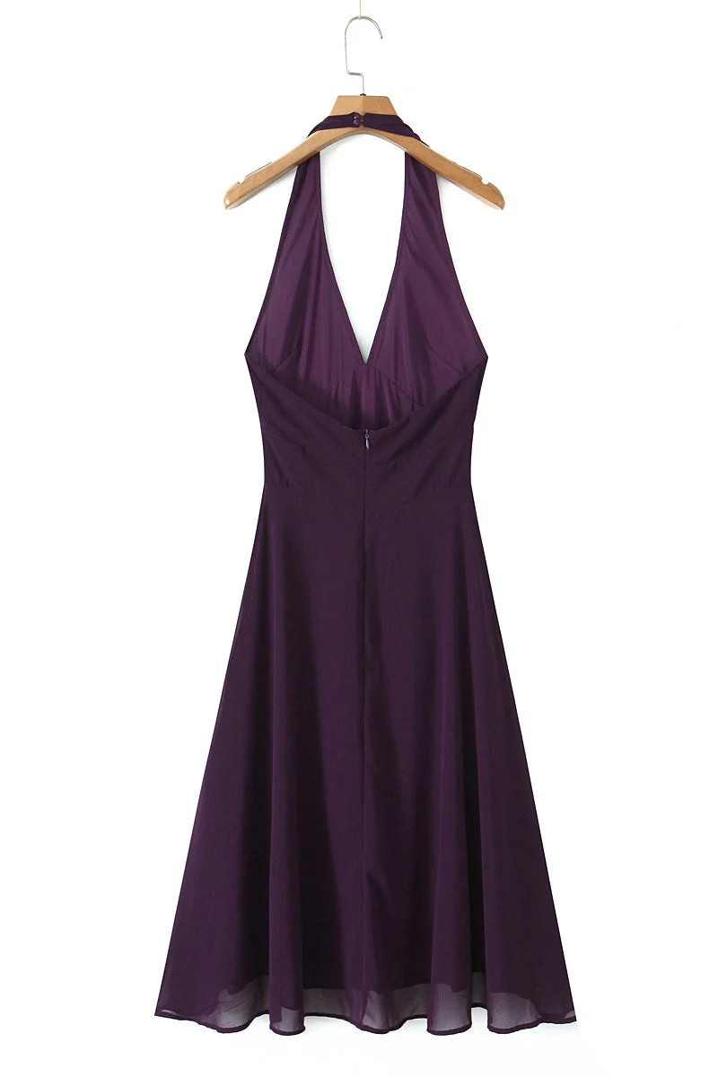 Halter V-neck Purple Long Dress