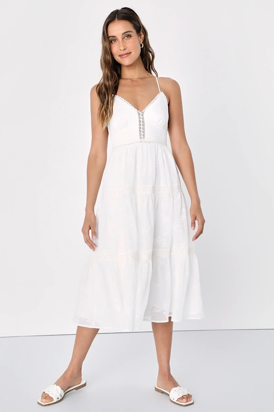 Forever Your Darling White Embroidered Lace Backless Midi Dress