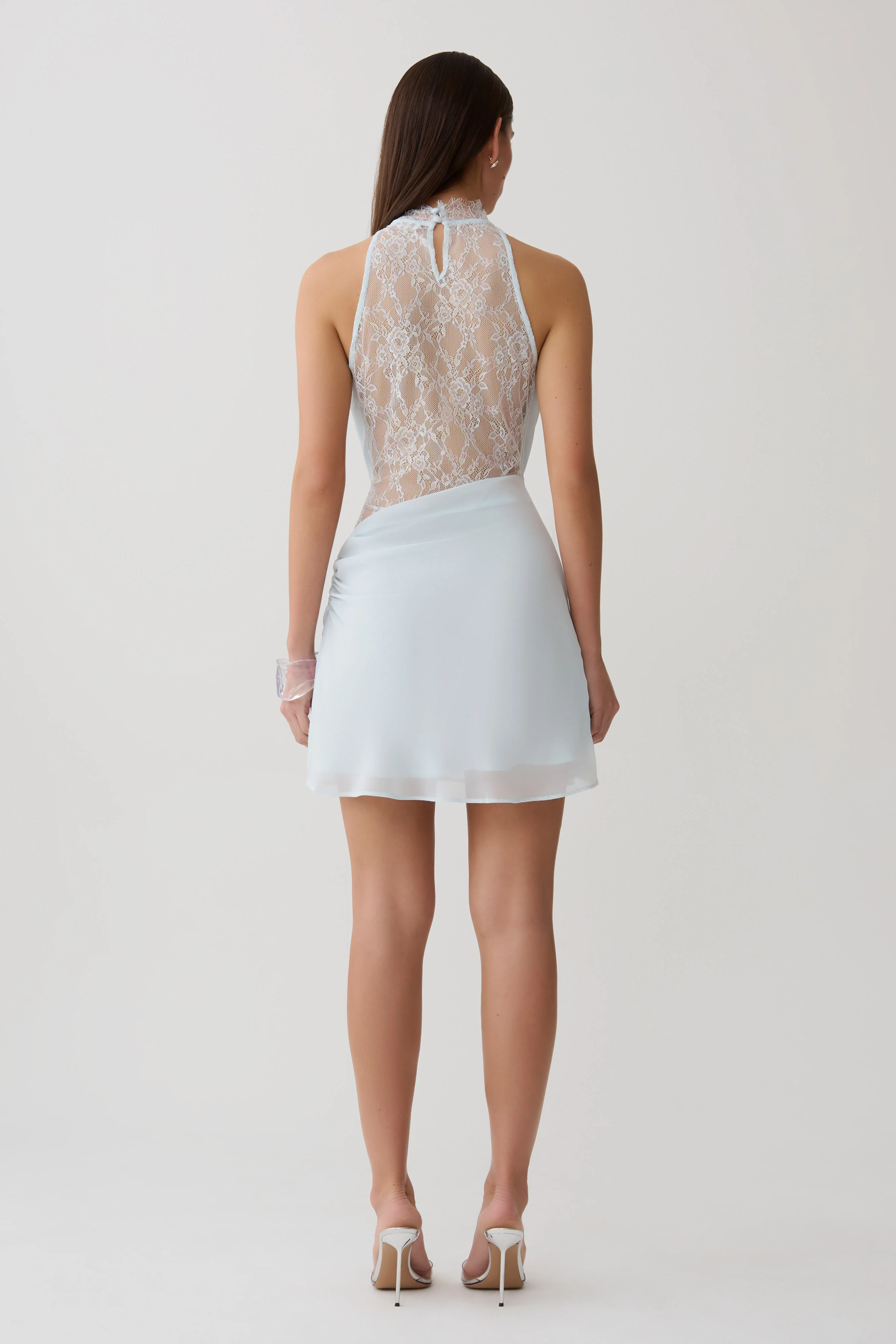 Arra Chiffon And Lace Halter Mini Dress - Ice Blue