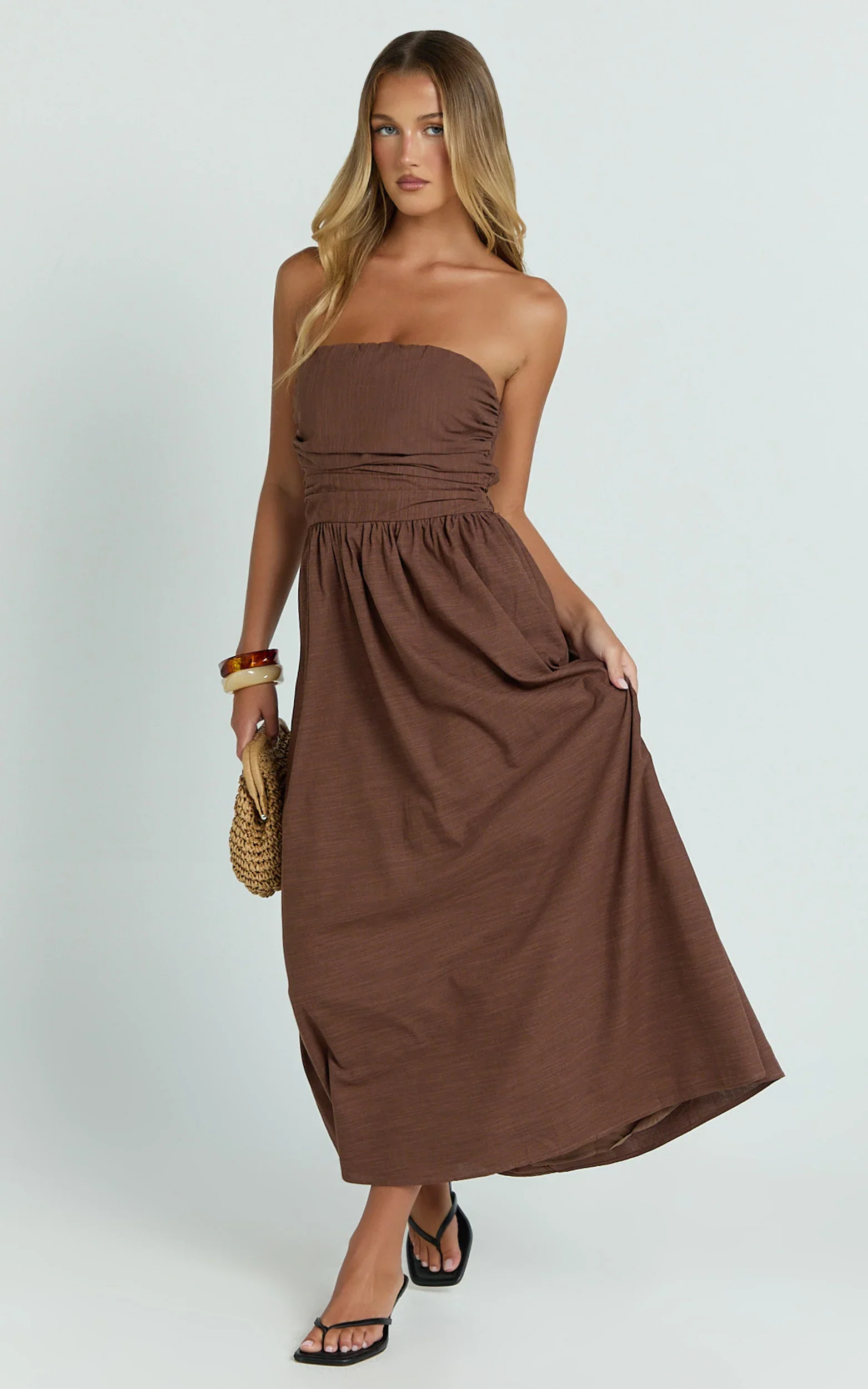 Polly Midi Dress - Strapless Ruched Dress in Chocolate
