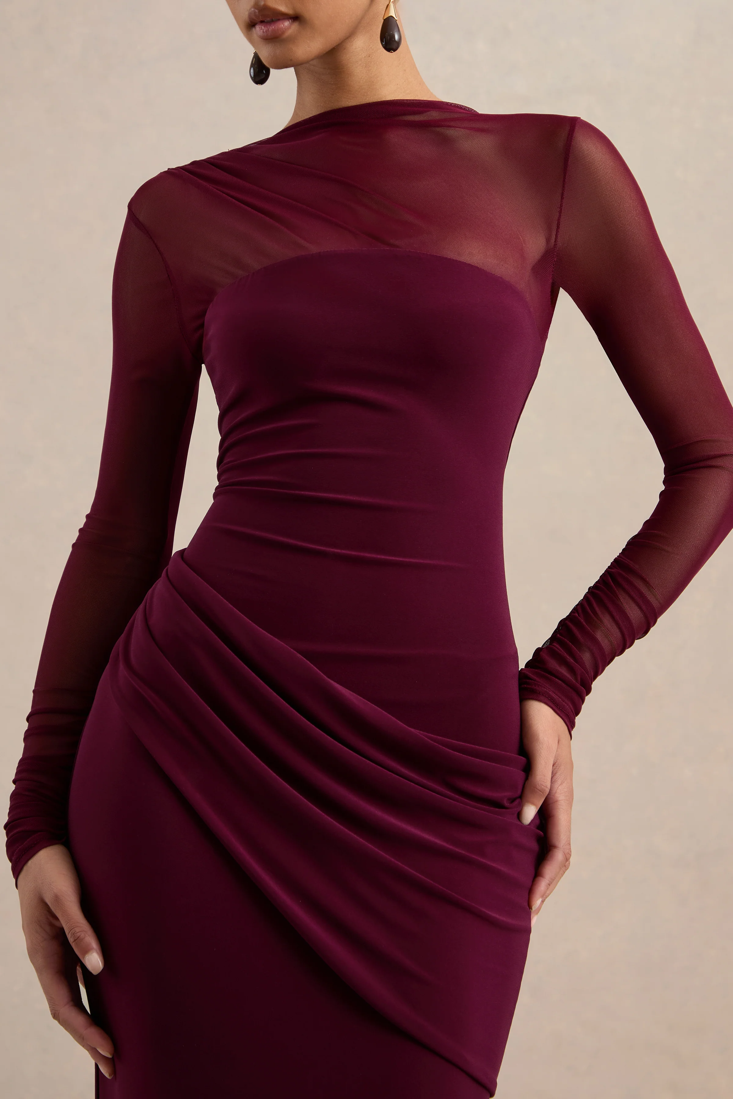 Deema | Burgundy Jersey High Neck Long Sleeve Maxi Dress With Ruching