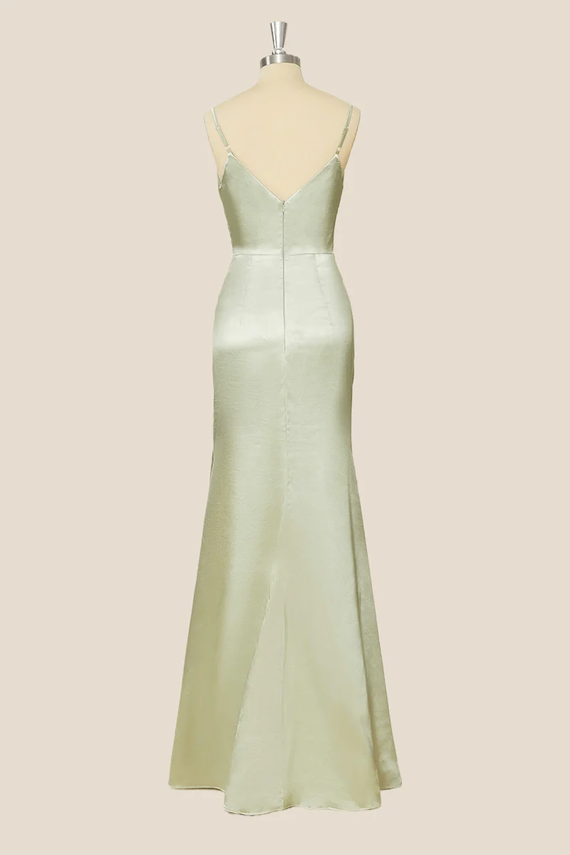 Straps Sage Green Satin Long Formal Dress