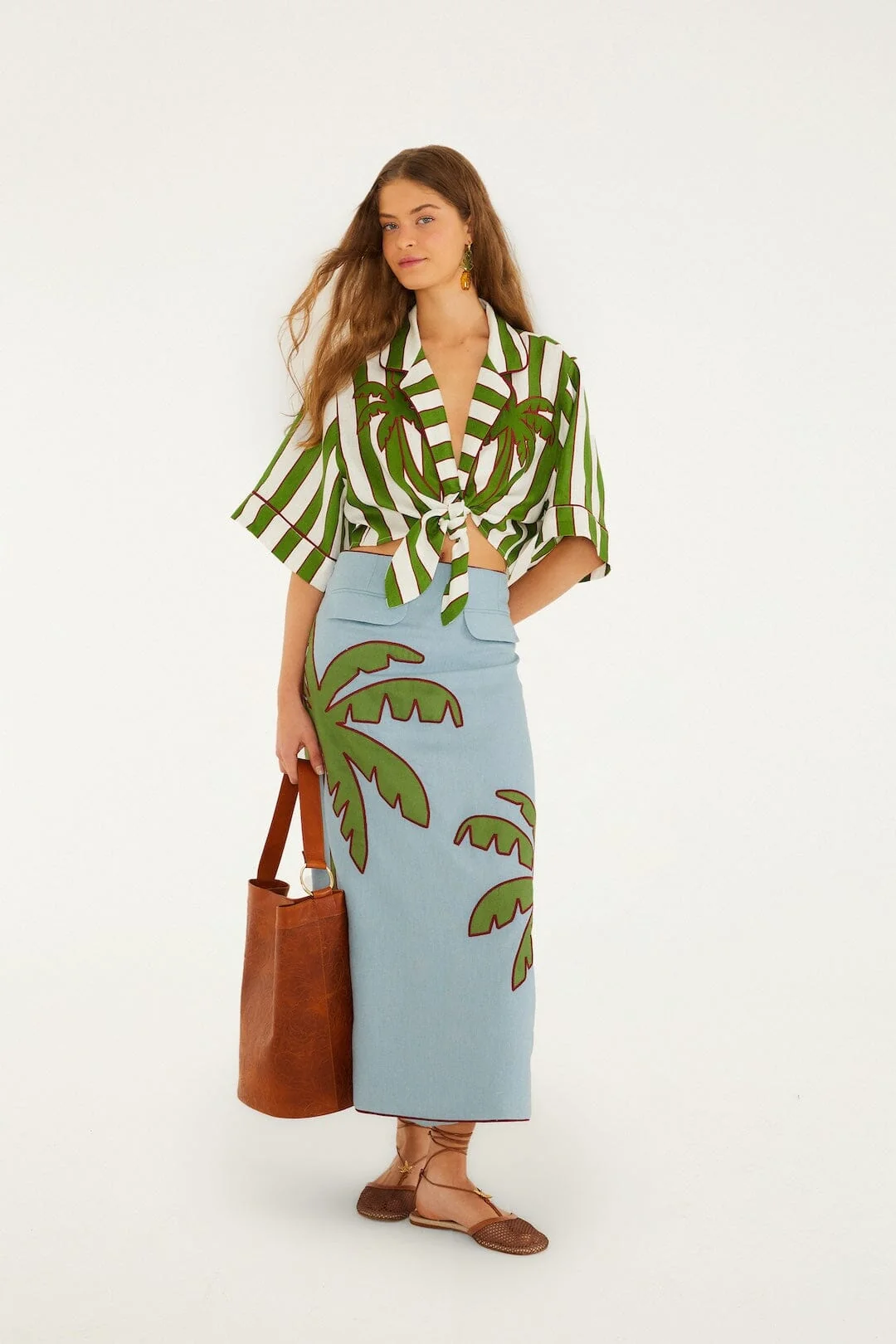 Blue Embroidered Palm Tree Maxi Skirt