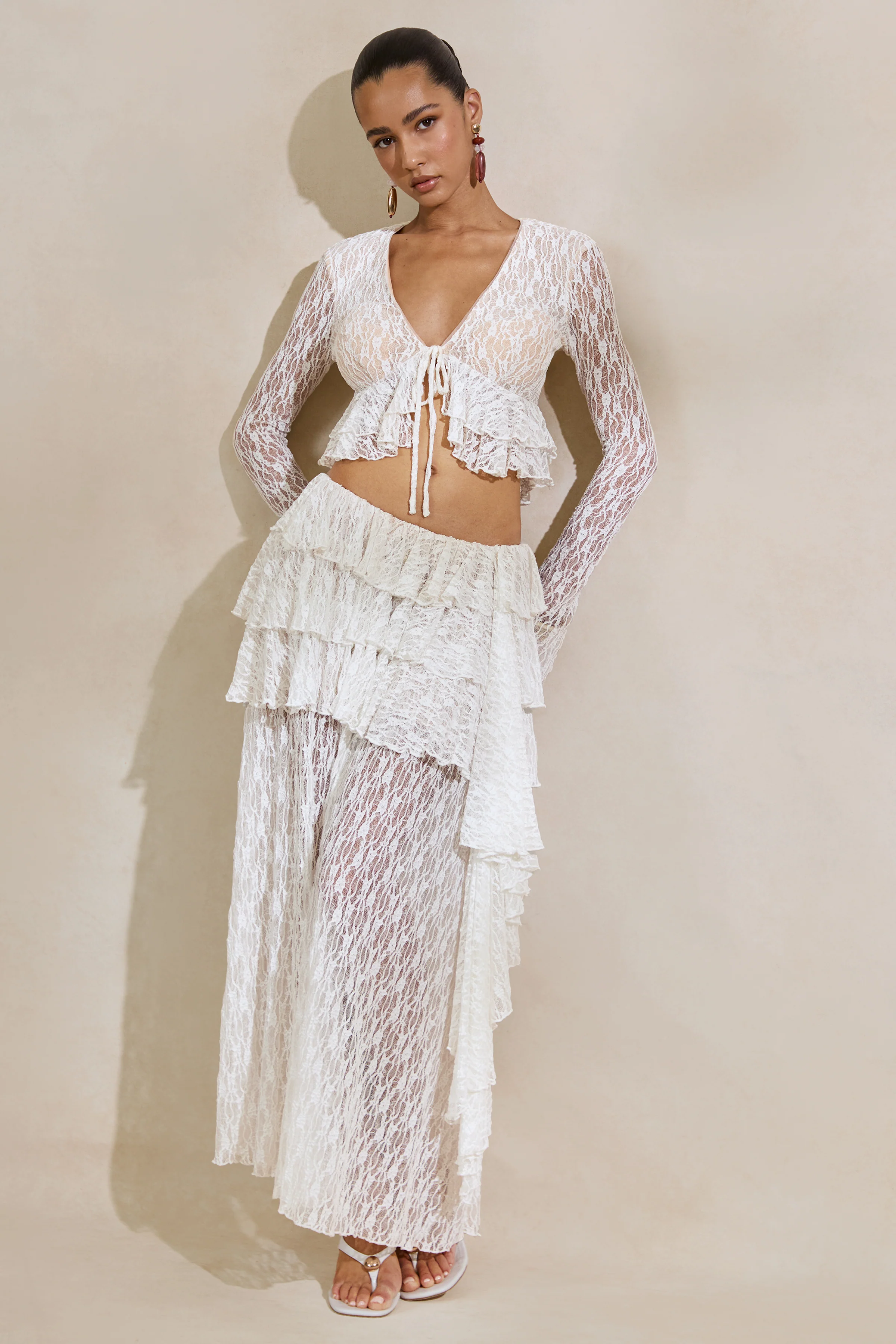Astella | White Lace Plunge-Neck Top With Ruffled Trim