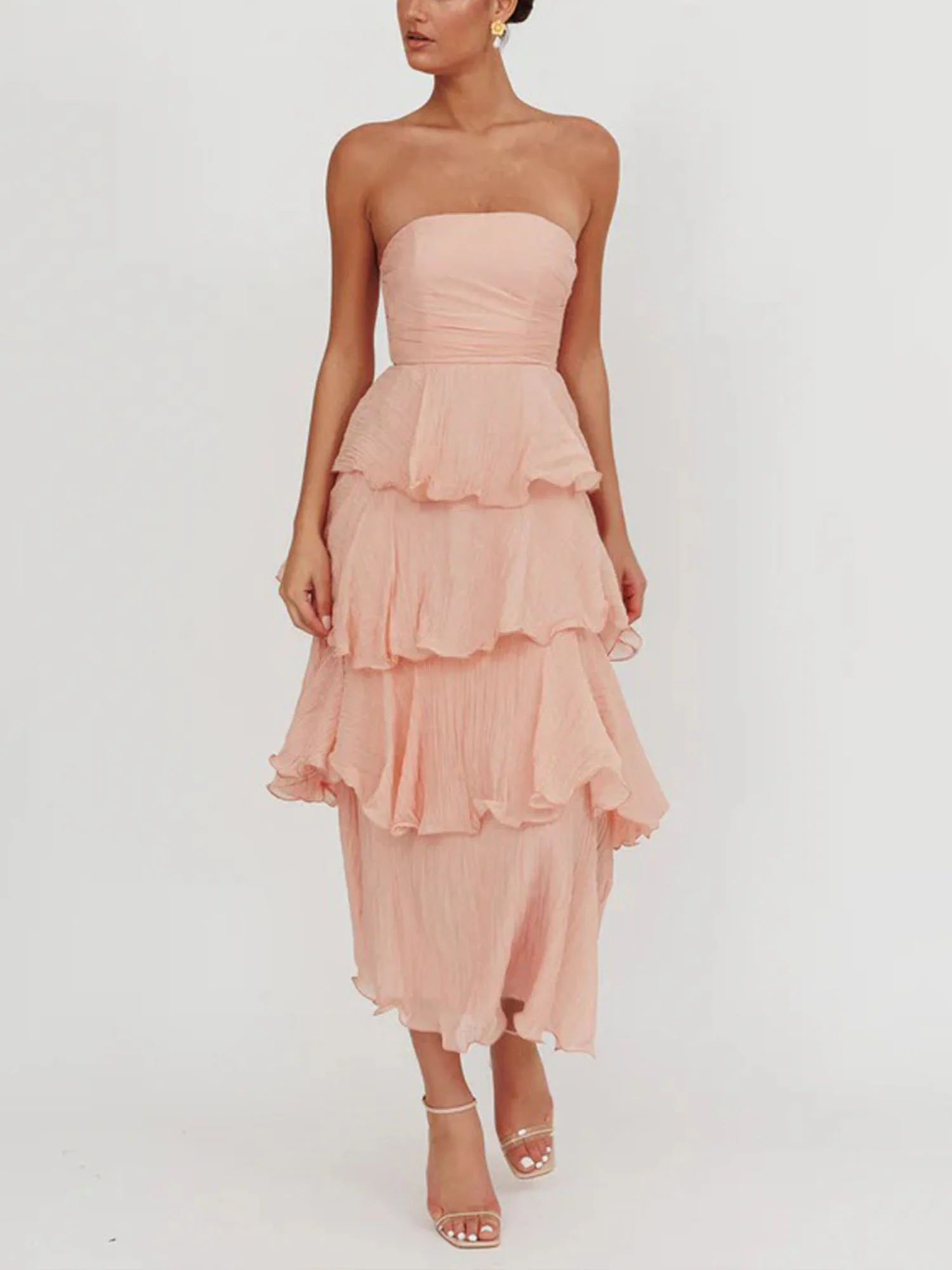 Light Pink Strapless Tiered Midi Dress