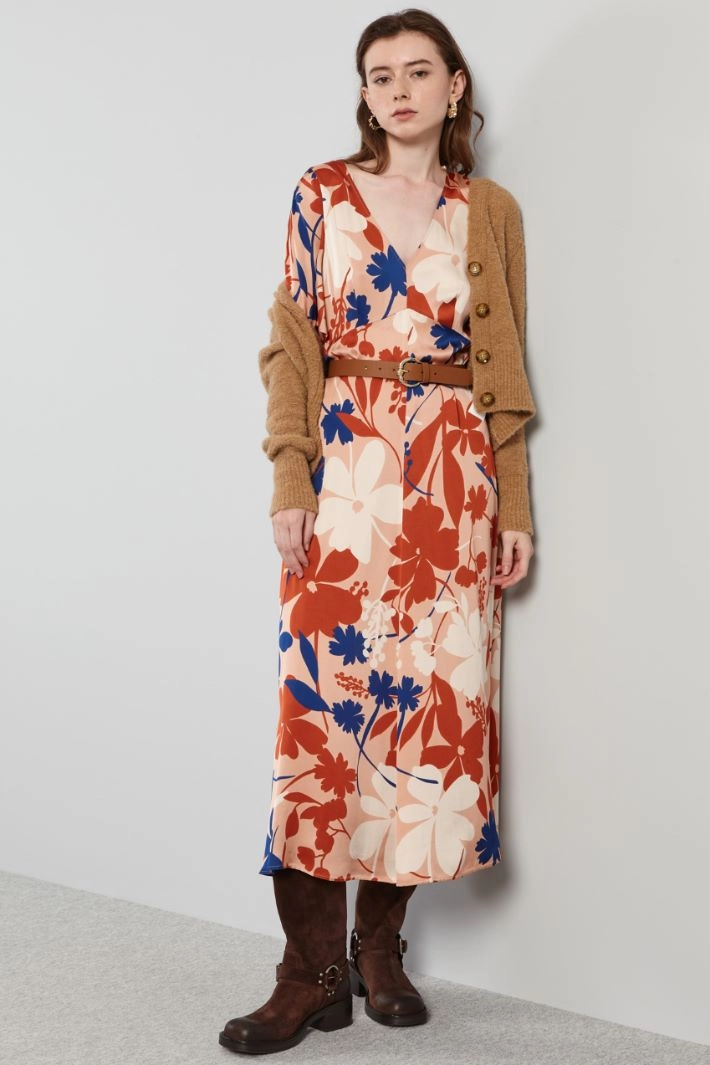Long printed satin dress - PINK TERRACOTTA BLUE