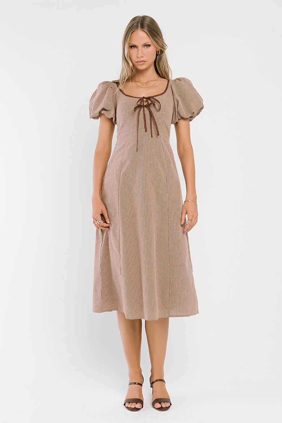 Elle Gingham Midi Dress in Tan