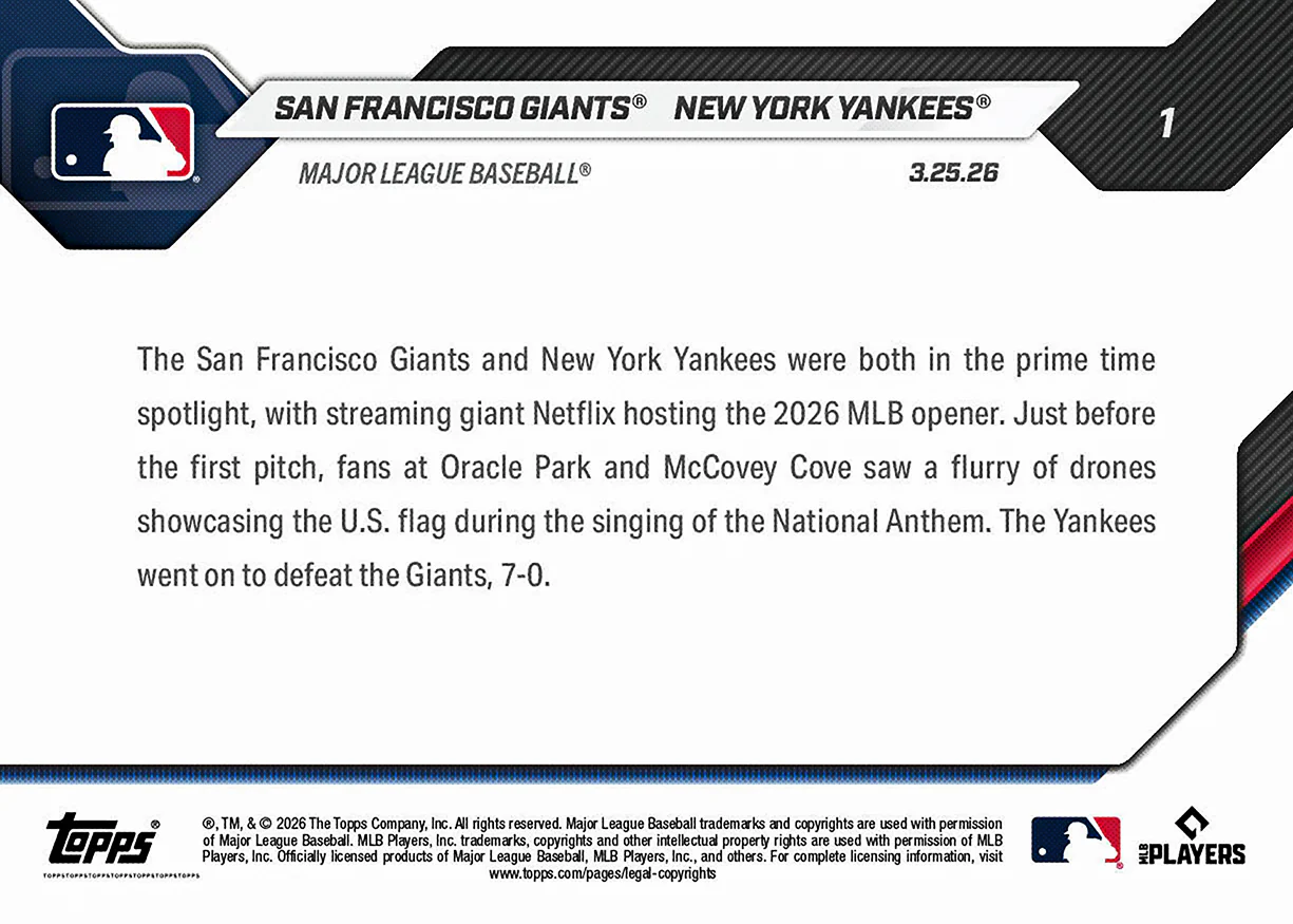 New York Yankees / San Francisco Giants - 2026 MLB Topps NOW® - Card 1 - PR: 2299