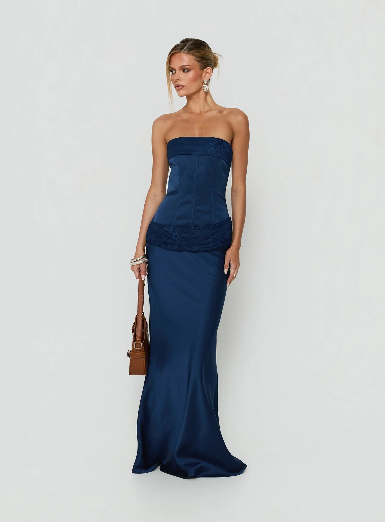 Sura Strapless Lace Detail Maxi Dress Navy
