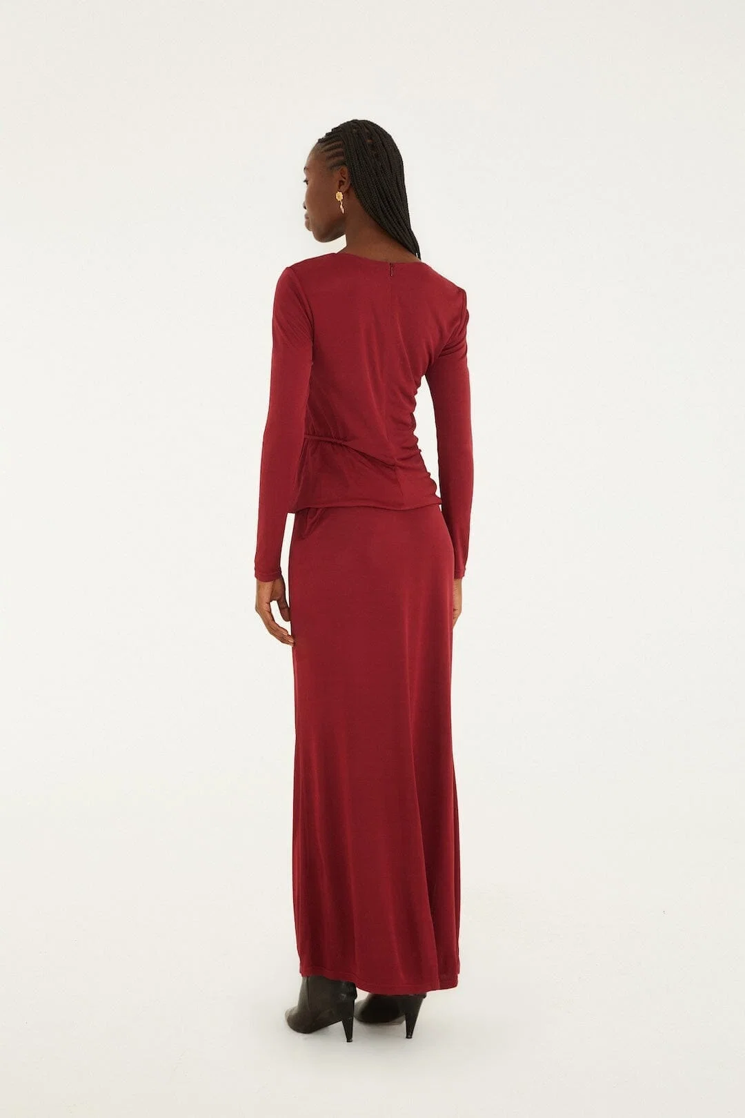 Burgundy 3d Flower Draped Side Slit Maxi Skirt