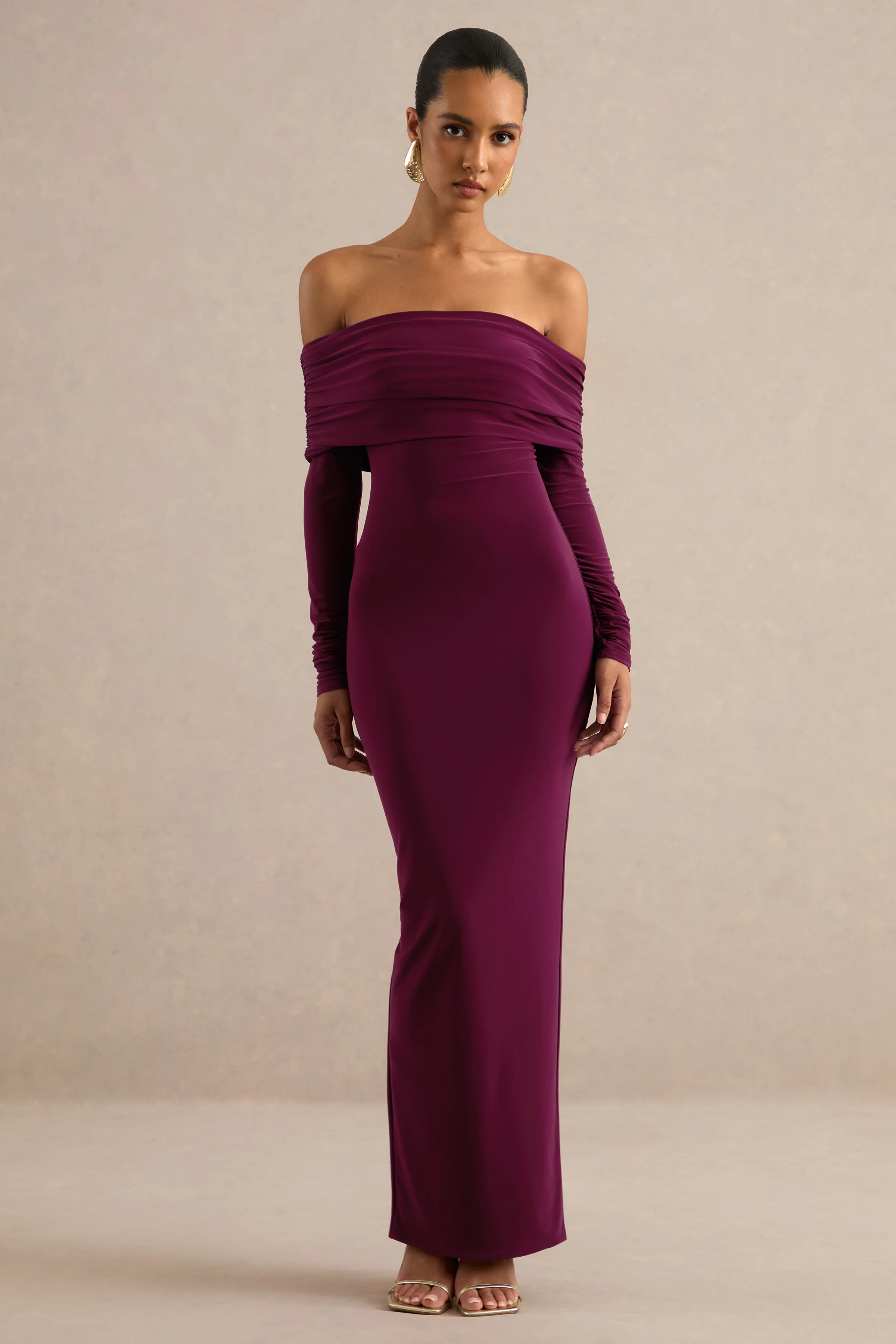 Julissa | Burgundy Jersey Ruched Bardot Long Sleeve Maxi Dress With Scarf Detail And Split