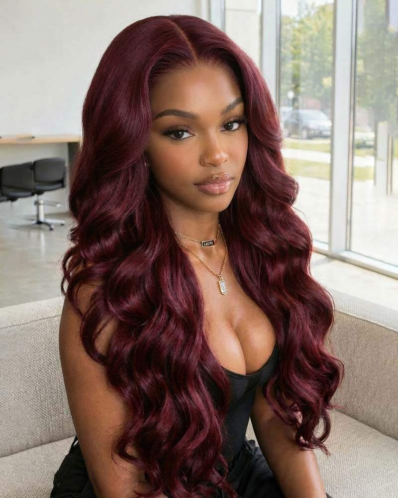 Ophirawig 13x6/6x5 Glueless Wig Dark Plum Body Wave Wig Invisible Knots Realistic Hairline